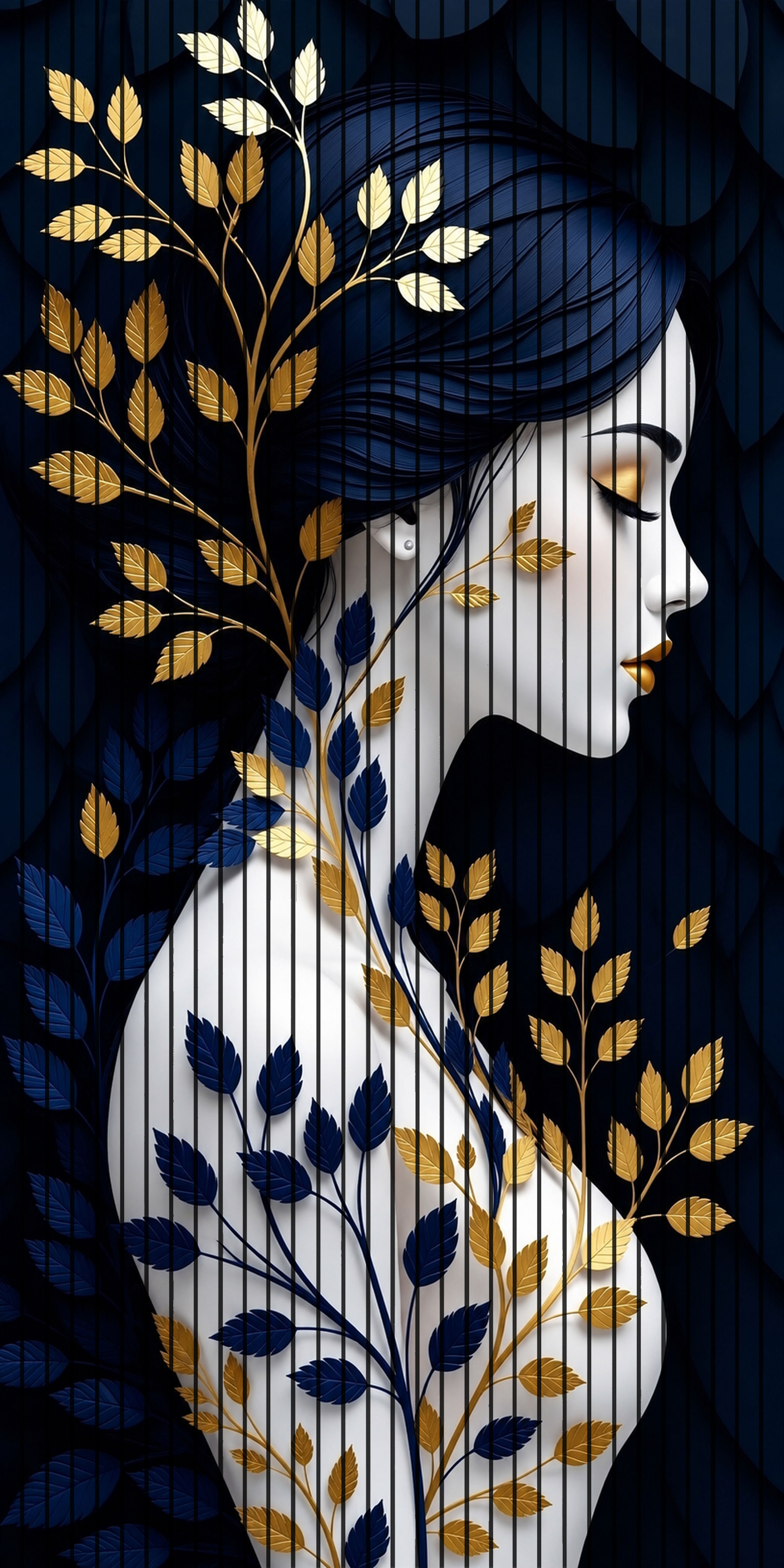 7D Fluted Panel – 7D-1100 – White Lady with Blue Hair, Navy Blue Hat & Golden Leaves | 5×10 Feet | Textured Finish
