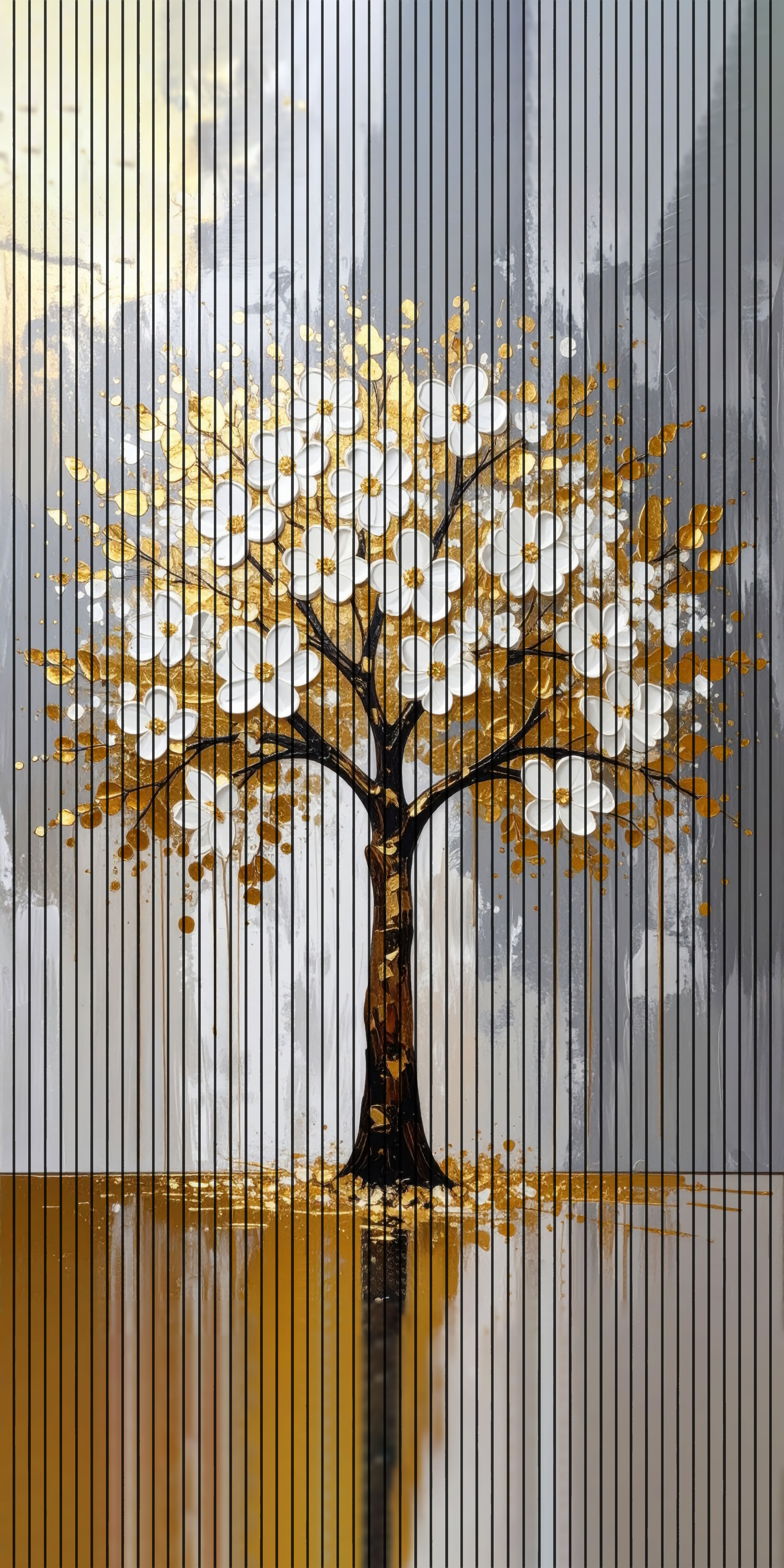 7D Fluted Panel – 7D-1010 | Tree with Golden Leaves & White Flowers | Textured Finish | 5 Feet × 10 Feet