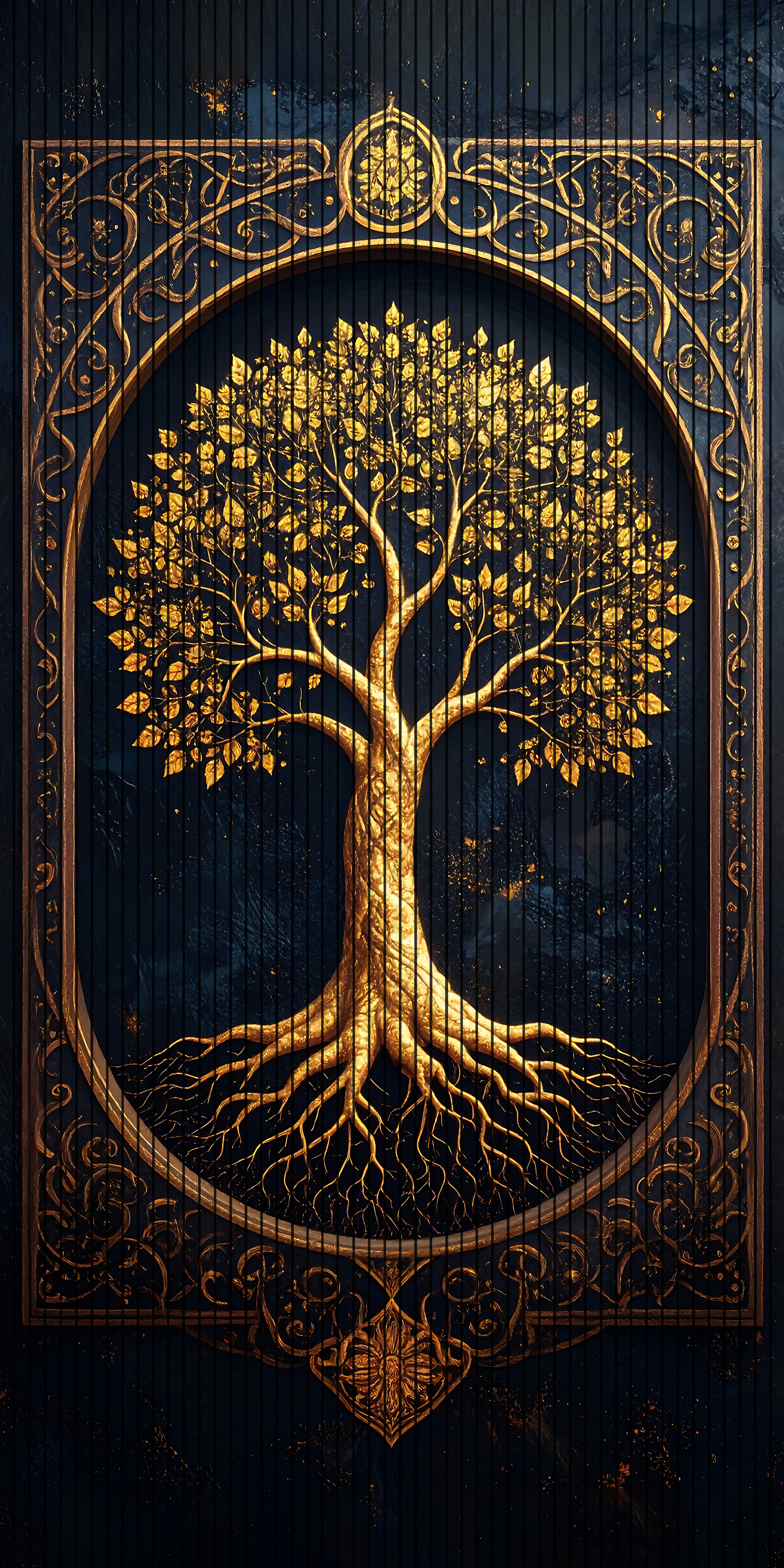 7D Fluted Panel – 7D-1011 | Golden Tree in Golden Frame | Textured Finish | 5 Feet × 10 Feet