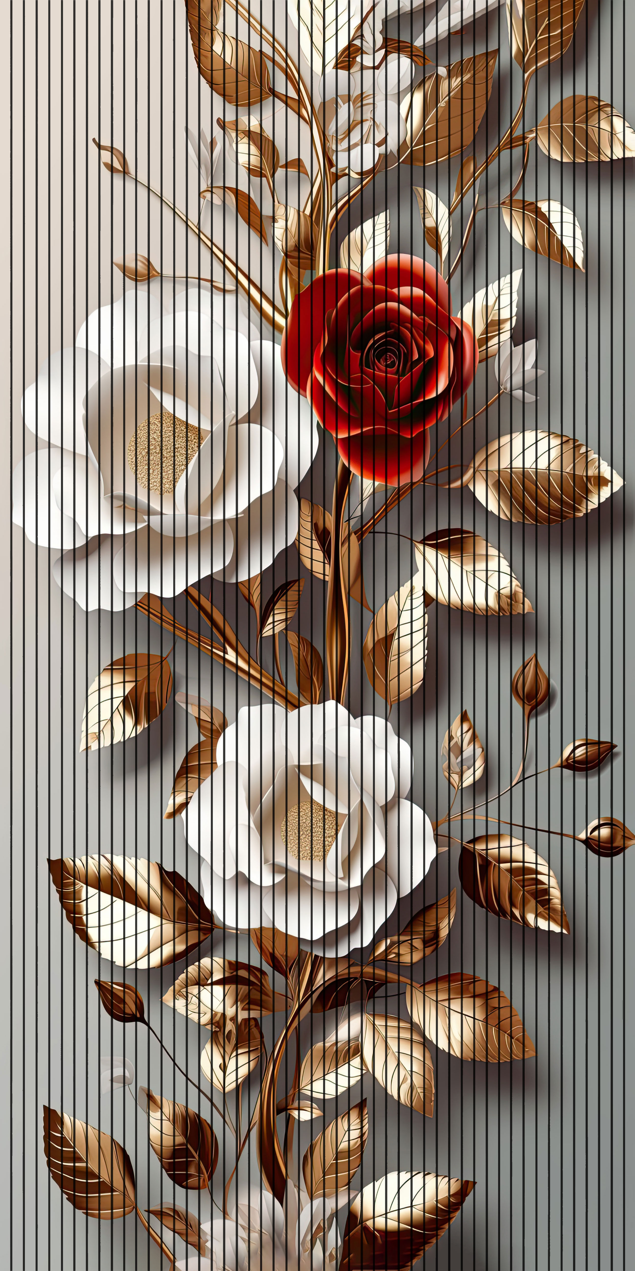 7D Fluted Panel – 7D-1012 | Metallic Golden Tree with White & Red Flowers | Textured Finish | 5 Feet × 10 Feet