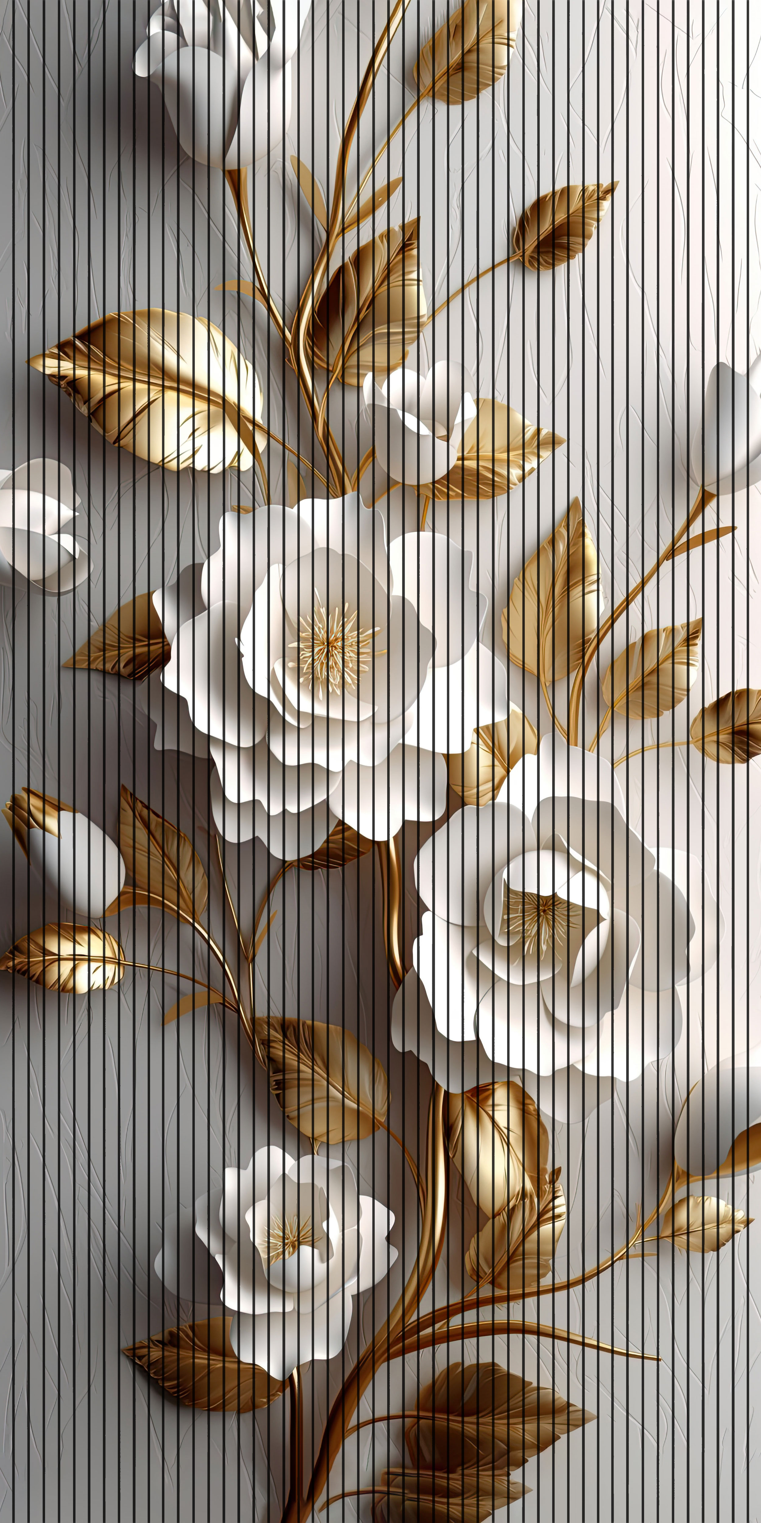 7D Fluted Panel – 7D-1013 | Metallic Golden Tree with White Flowers | Textured Finish | 5 Feet × 10 Feet