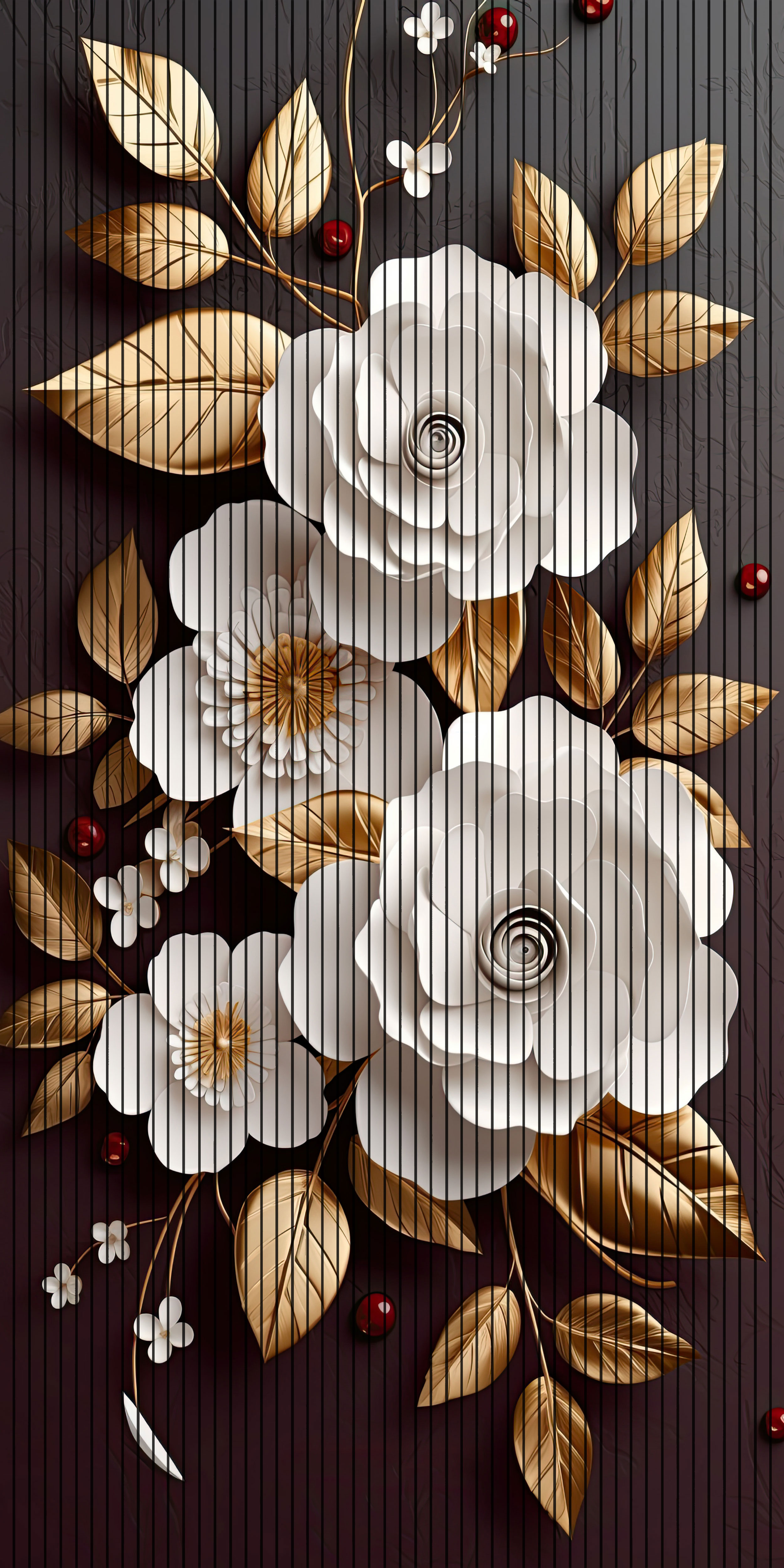 7D Fluted Panel – 7D-1014 | Metallic Golden Tree with White Flowers | Textured Finish | 5 Feet × 10 Feet
