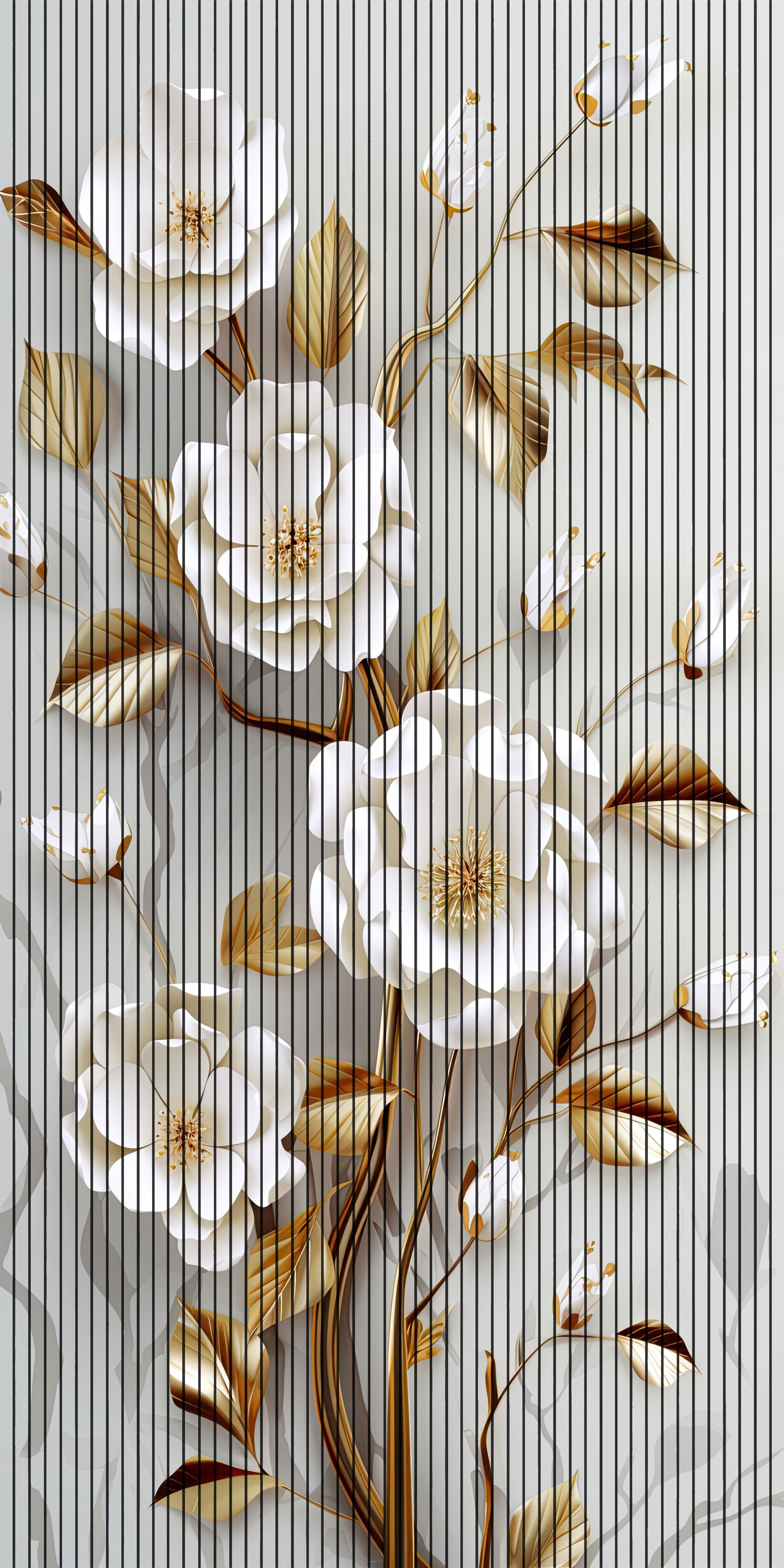 7D Fluted Panel – 7D-1015 | Metallic Golden Tree with White Flowers & Light Background | Textured Finish | 5 Feet × 10 Feet
