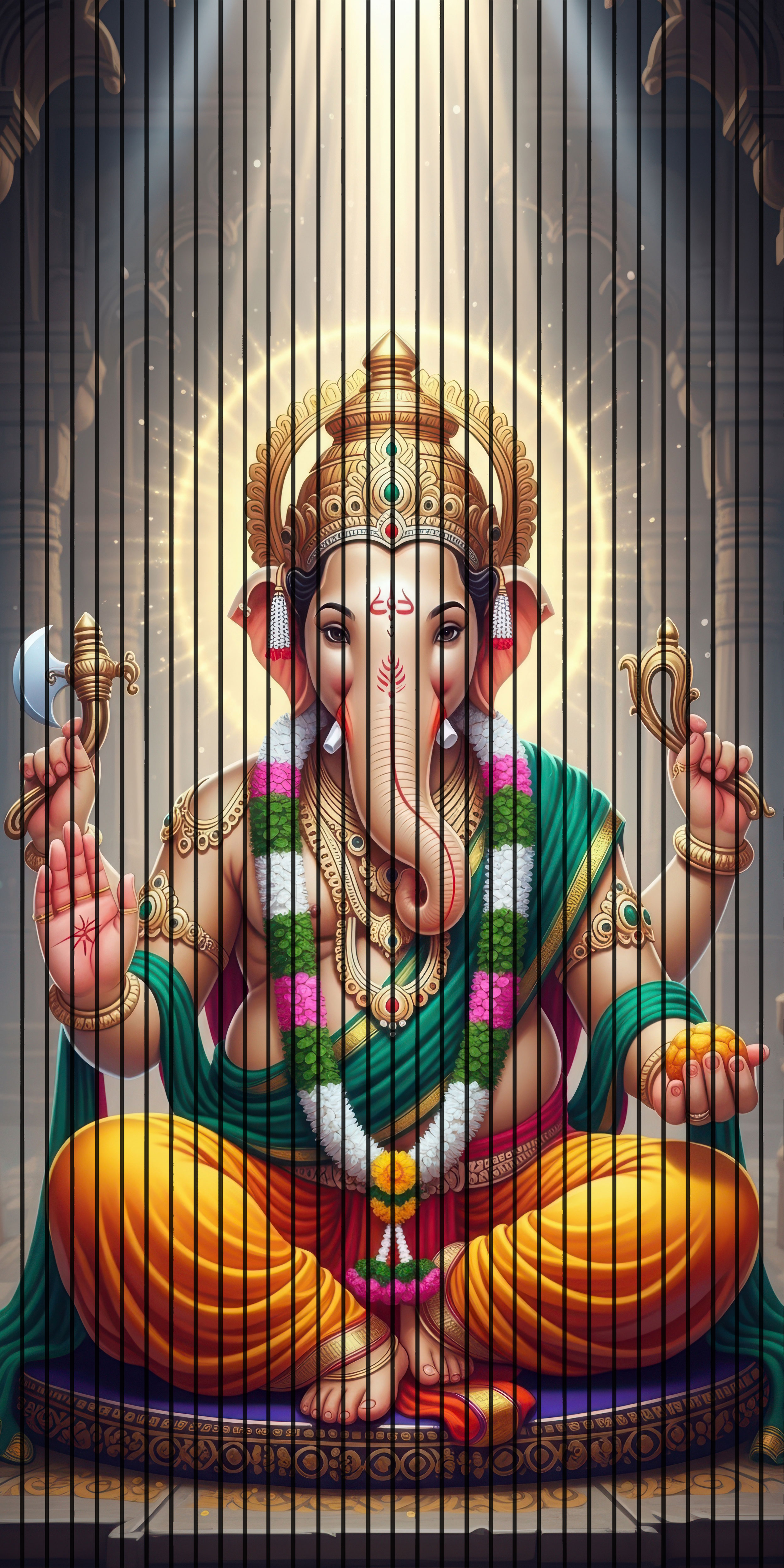 7D Fluted Panel – 7D-119 | Lord Ganesha Four-Armed Design with Aura | Textured Finish | 5 Feet × 10 Feet
