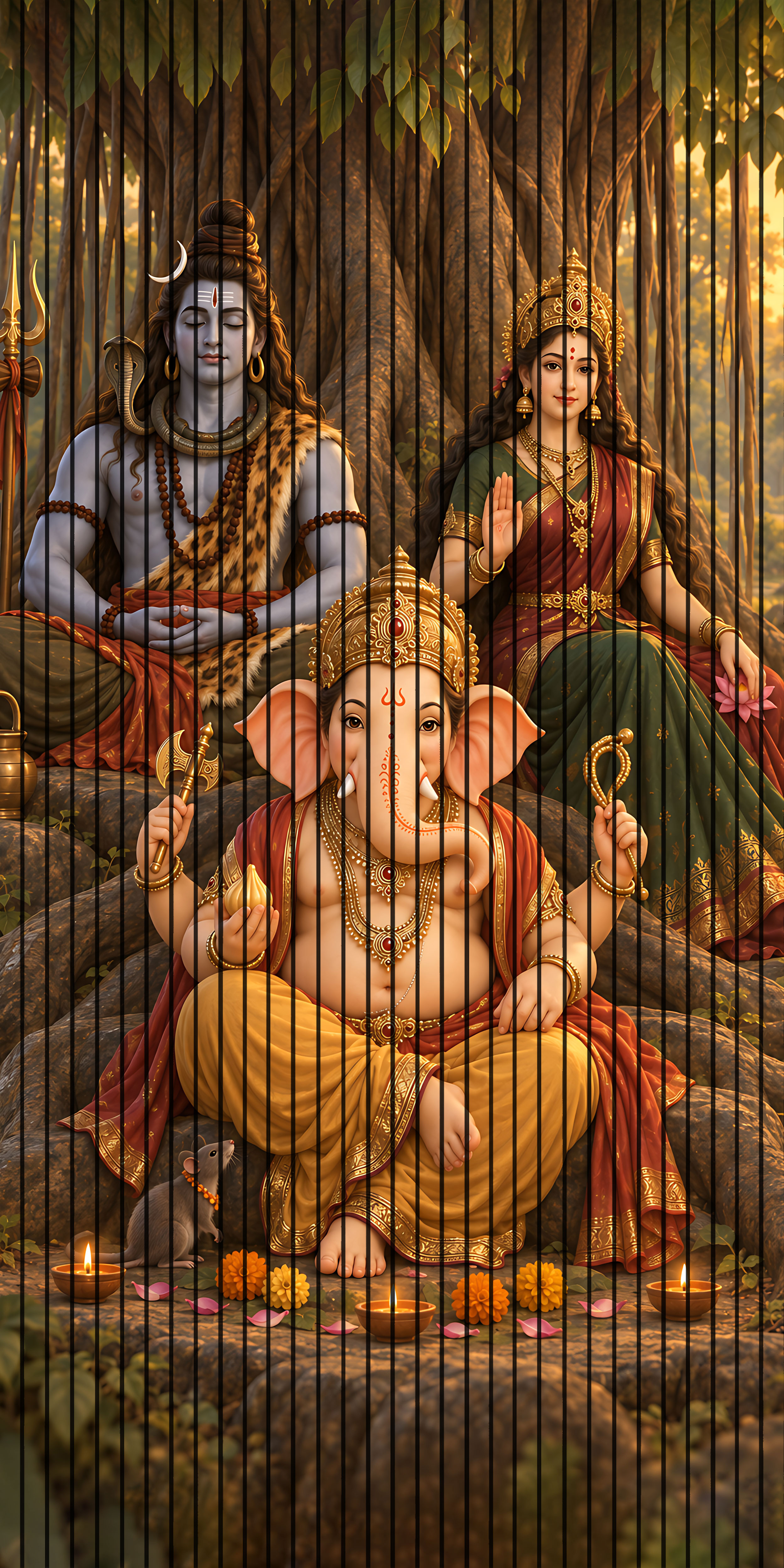 7D Fluted Panel – 7D-121 | Sitting Lord Ganesha with Lord Shiva & Goddess Parvati | Textured Finish | 5 Feet × 10 Feet