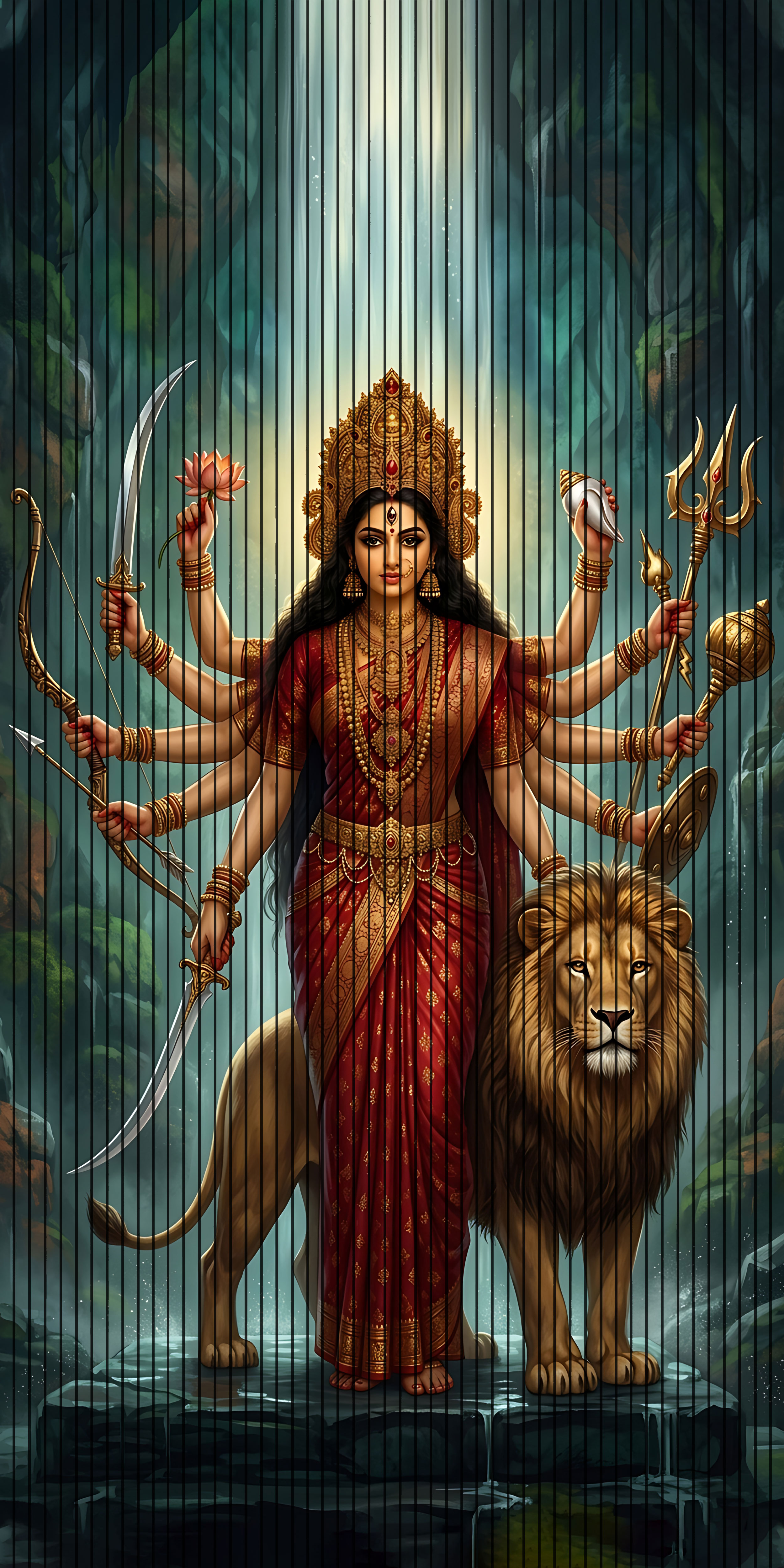 7D Fluted Panel – 7D-135 – Goddess Bipadtarini with Lion | 5×10 Feet | Textured Finish