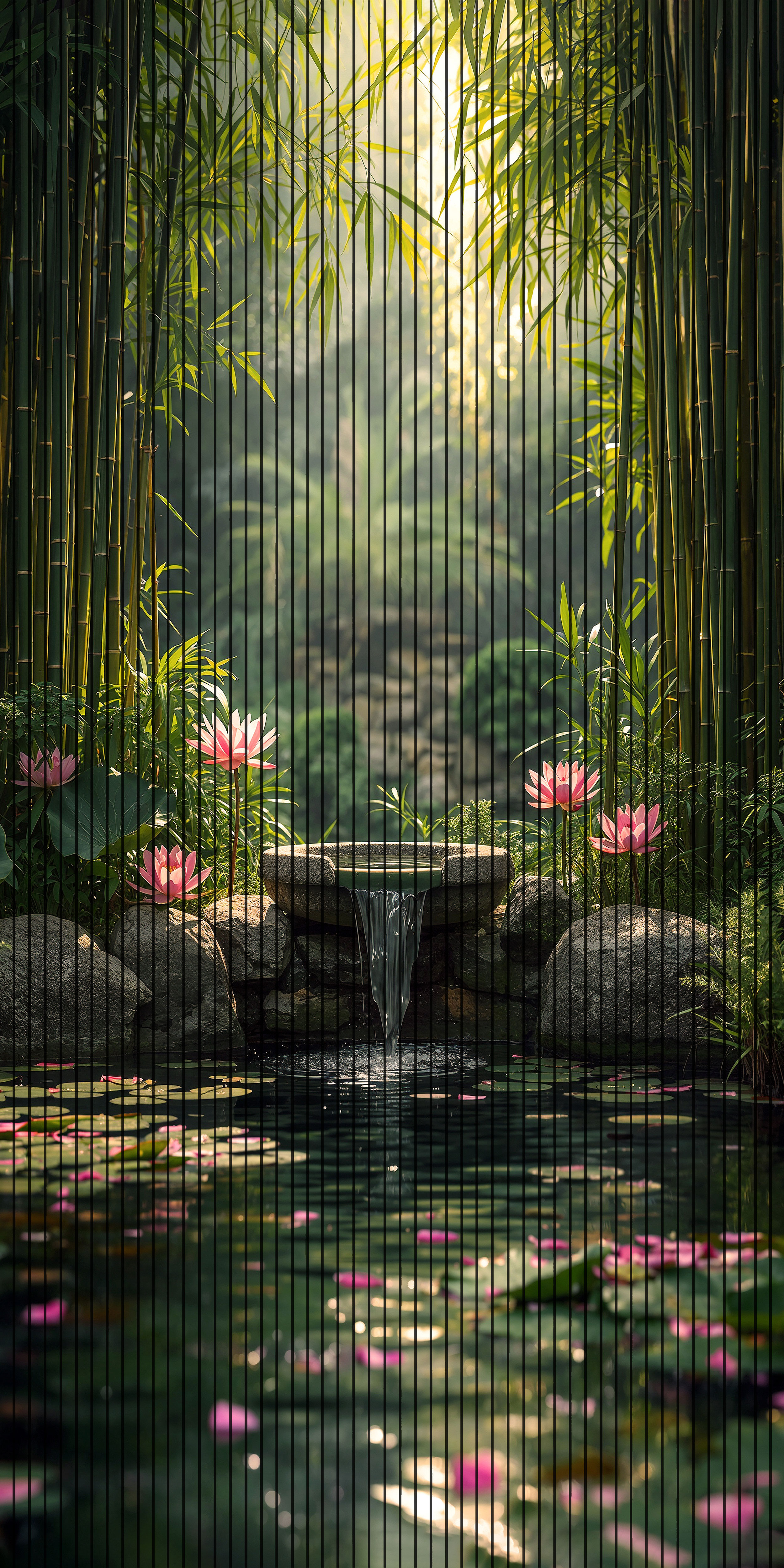7D Fluted Panel – 7D-139 – Bamboo Forest, River Stream & Lotus Design | 5×10 Feet | Textured Finish