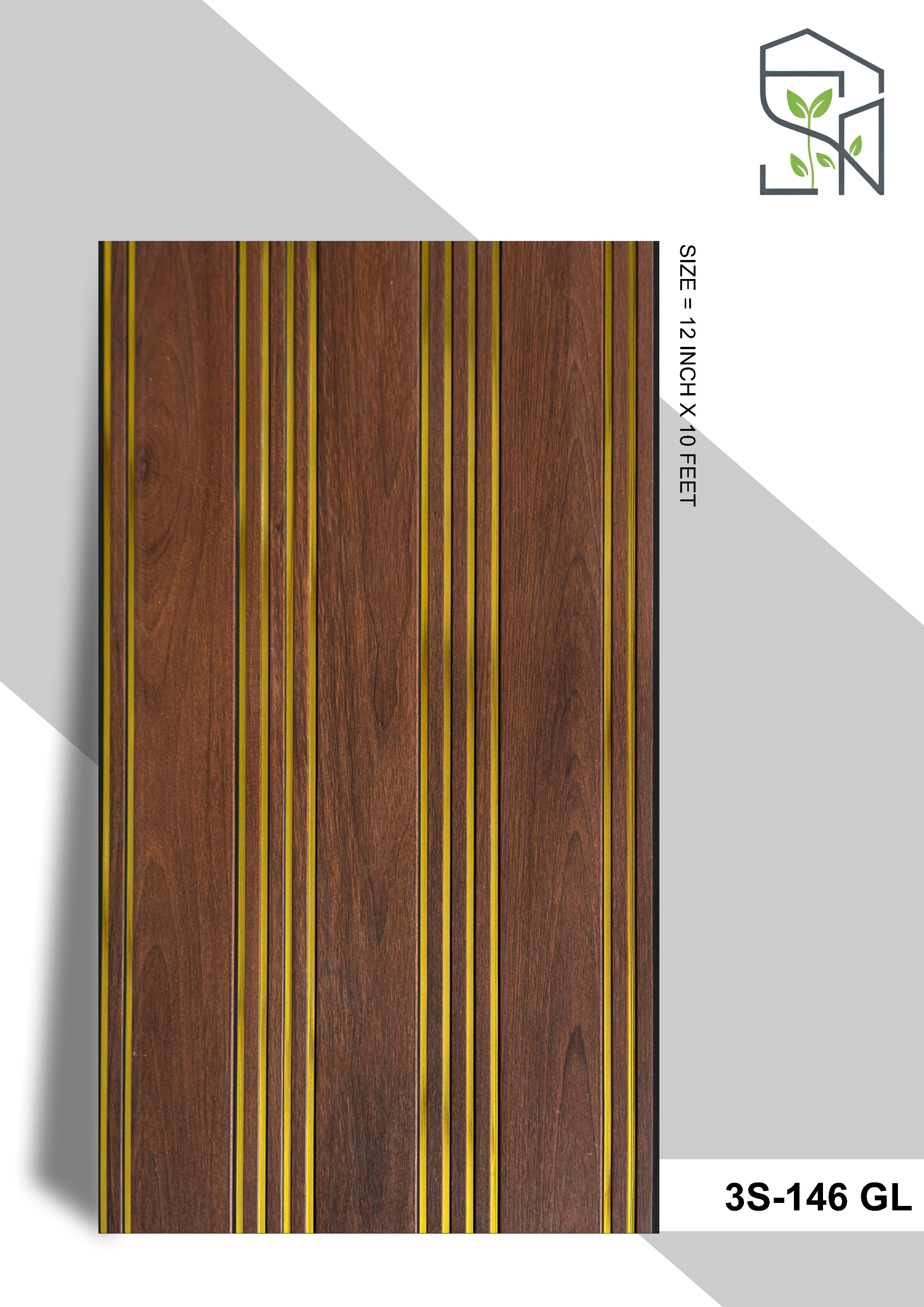 3 Step PVC Fluted Panel – 12 Golden Line 3S-146 GL – 3 Step Natural Wood Finish, 12 Inch × 10 Feet | PVC Interiors