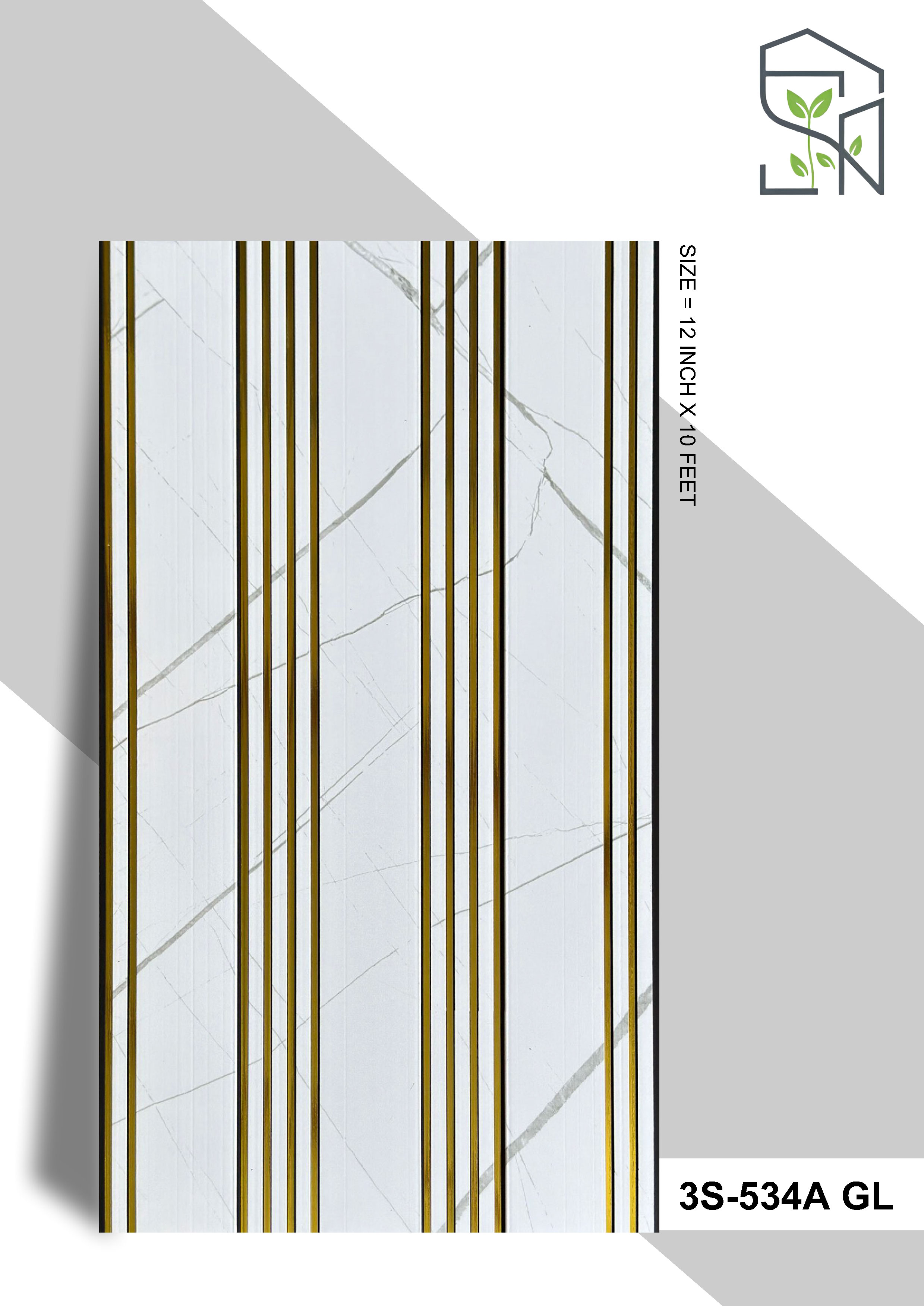 3 Step PVC Fluted Panel – 12 Golden Line 3S-534A GL – 3 Step White with Greyish Marble Touch | PVC Interiors