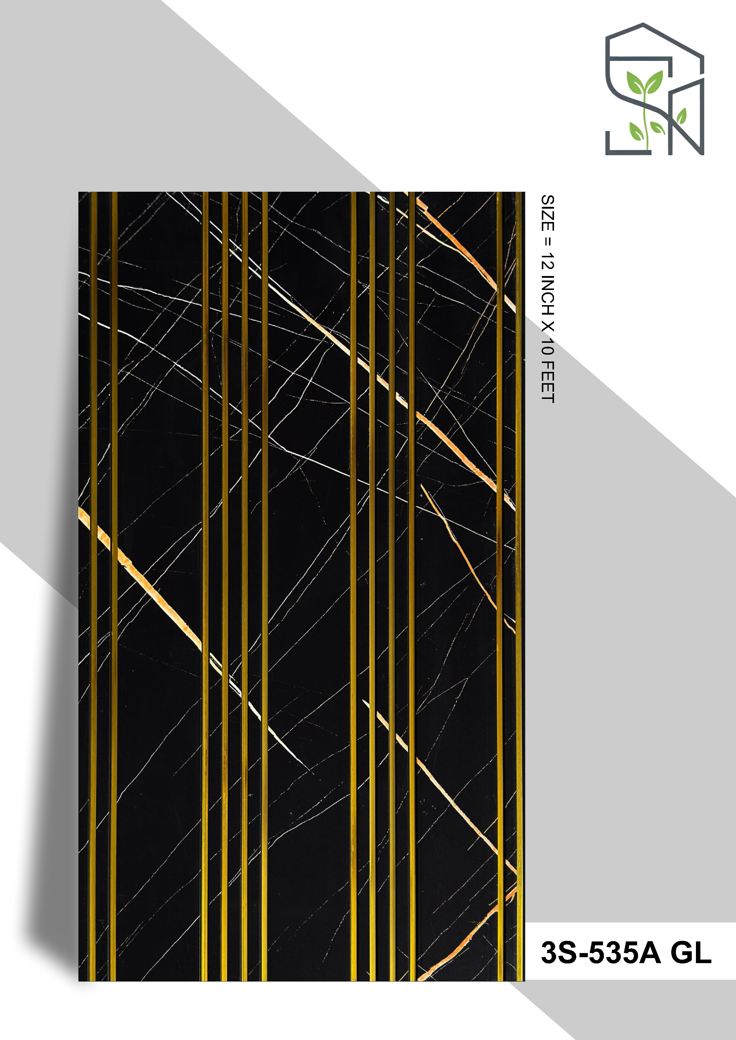 3 Step PVC Fluted Panel – 12 Golden Line 3S-535A GL | Black with Whitish Marble Touch | PVC Interiors