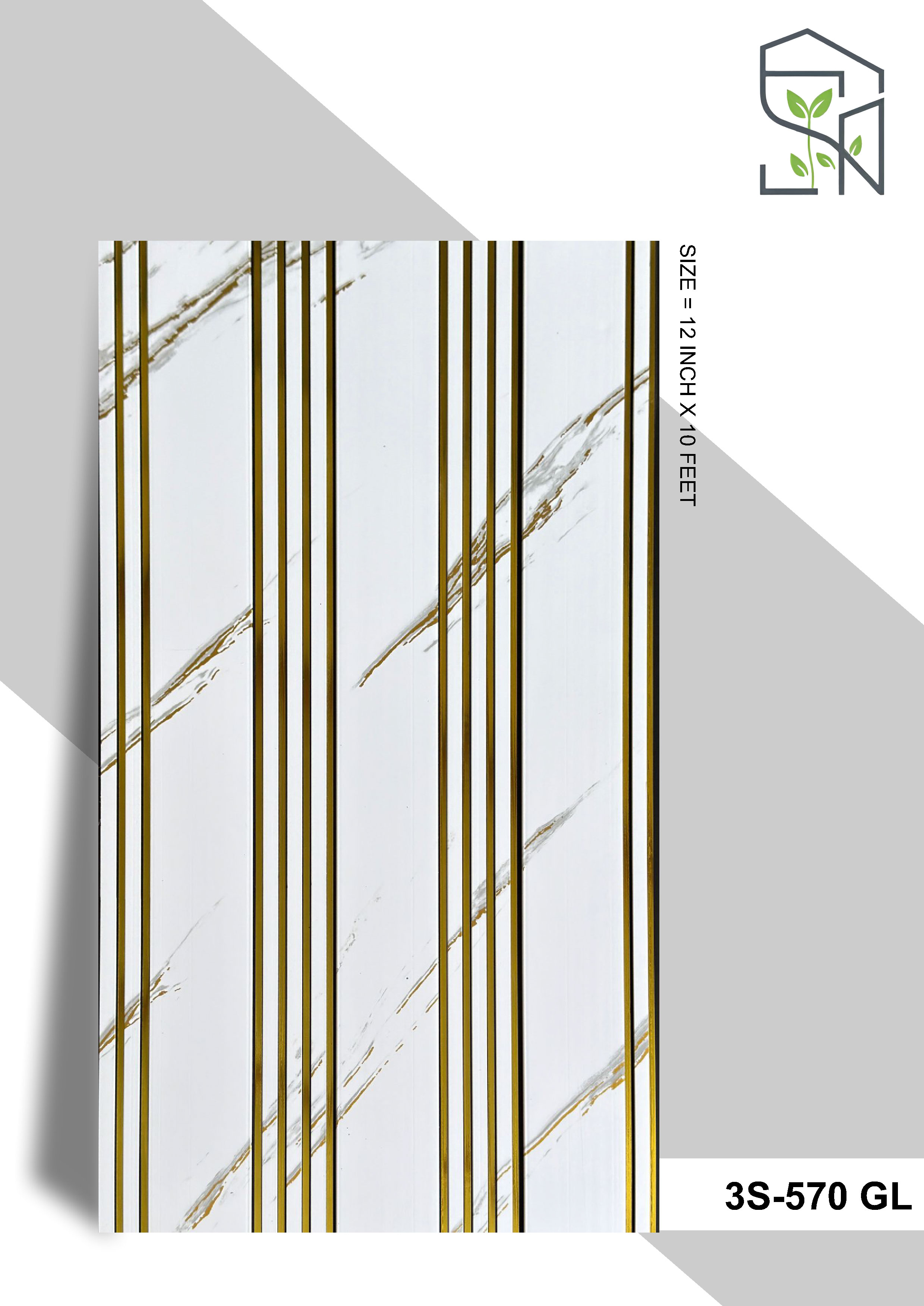 3 Step PVC Fluted Panel – 12 Golden Line 3S-570 GL | White with Golden Marble Touch | PVC Interiors