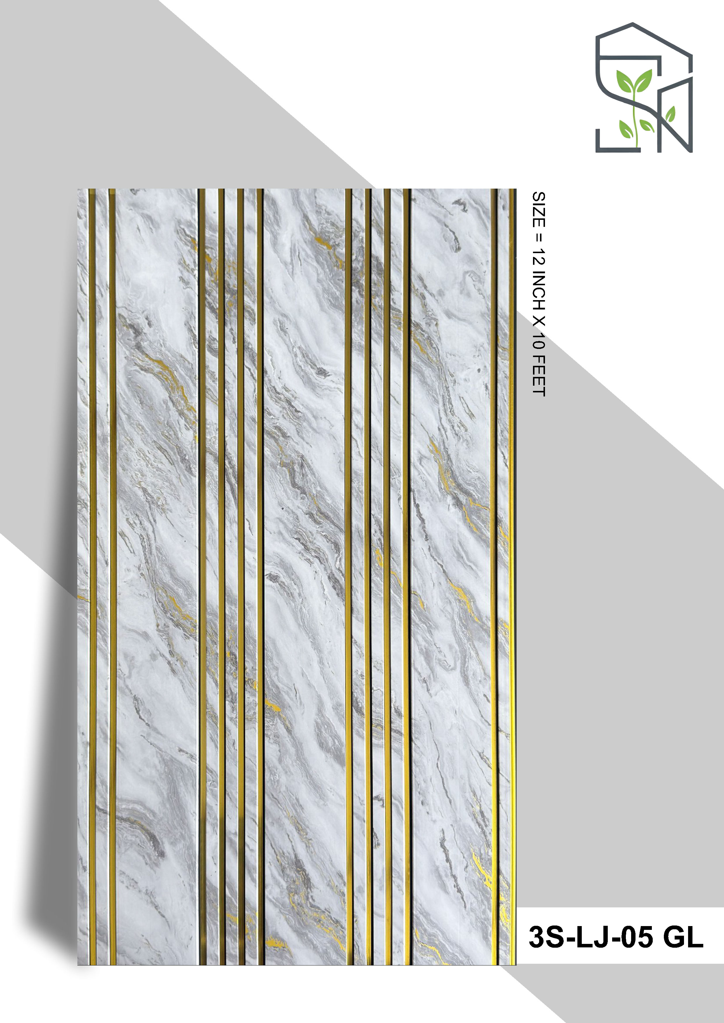 3 Step PVC Fluted Panel – 12 Golden Line 3S-LJ-05 GL | Whitish Marble with Golden Touch | PVC Interiors