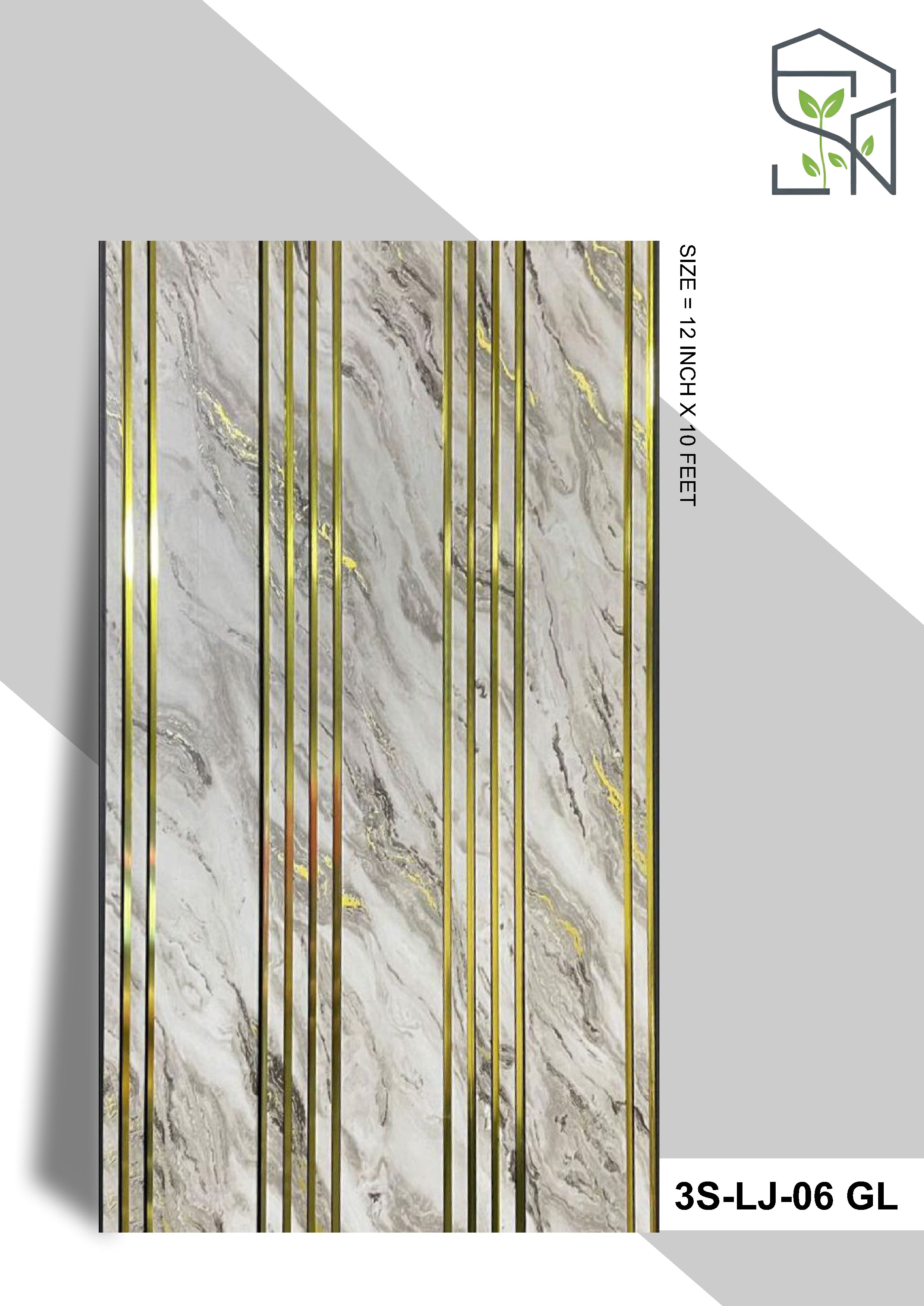 3 Step PVC Fluted Panel – 12 Golden Line 3S-LJ-06 GL | Natural Marble with Golden Touch | PVC Interiors