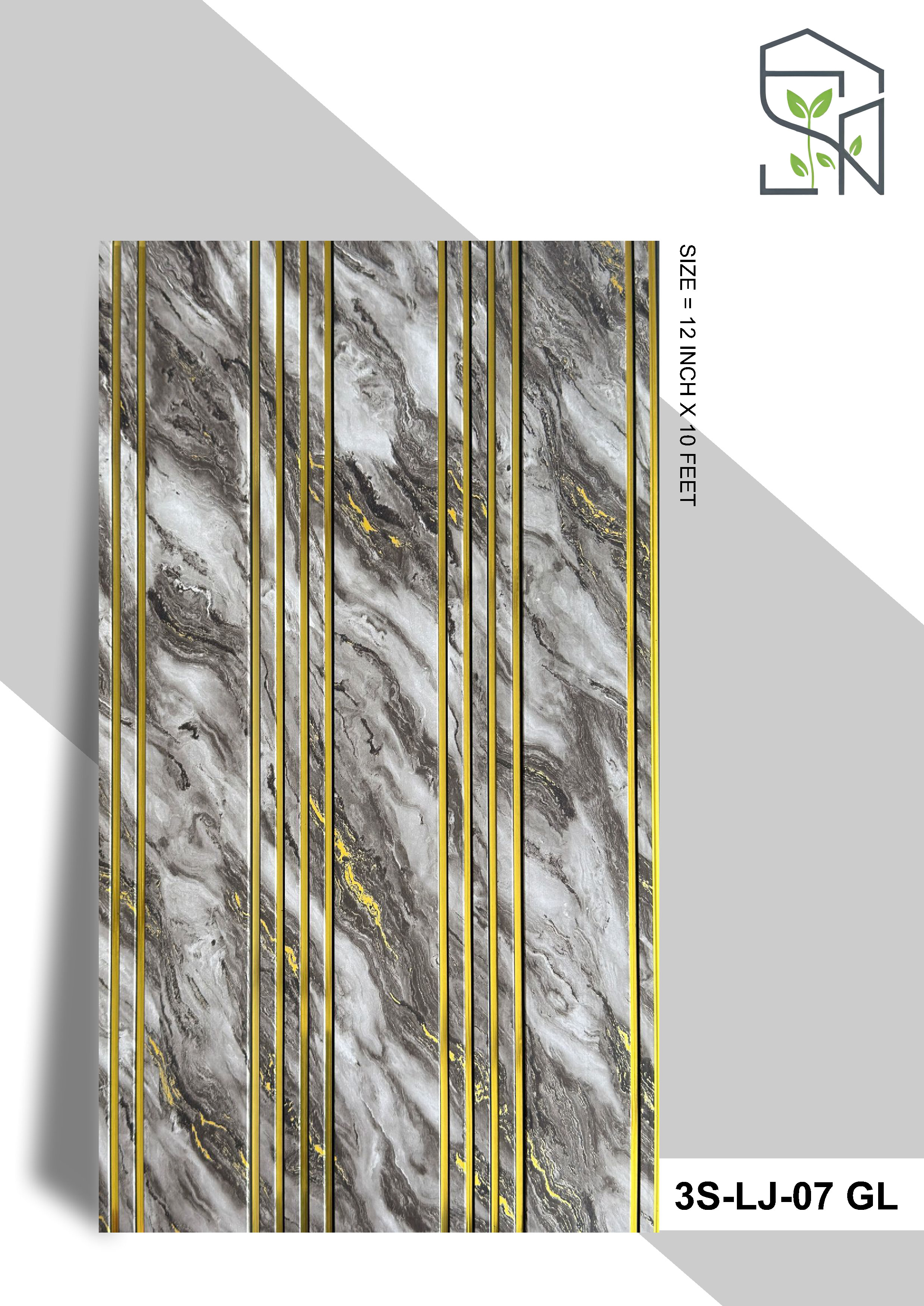 3 Step PVC Fluted Panel – 12 Golden Line 3S-LJ-07 GL | Darker Marble with Golden Touch | PVC Interiors