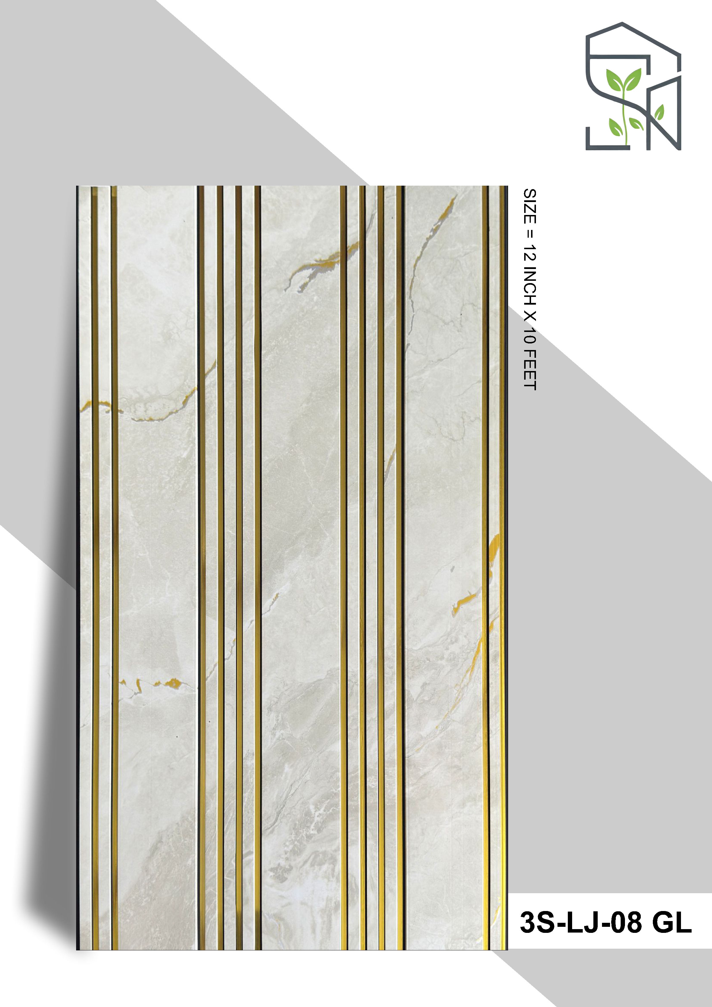 3 Step PVC Fluted Panel – 12 Golden Line 3S-LJ-08 GL | Gray Marble with Golden Touch | PVC Interiors