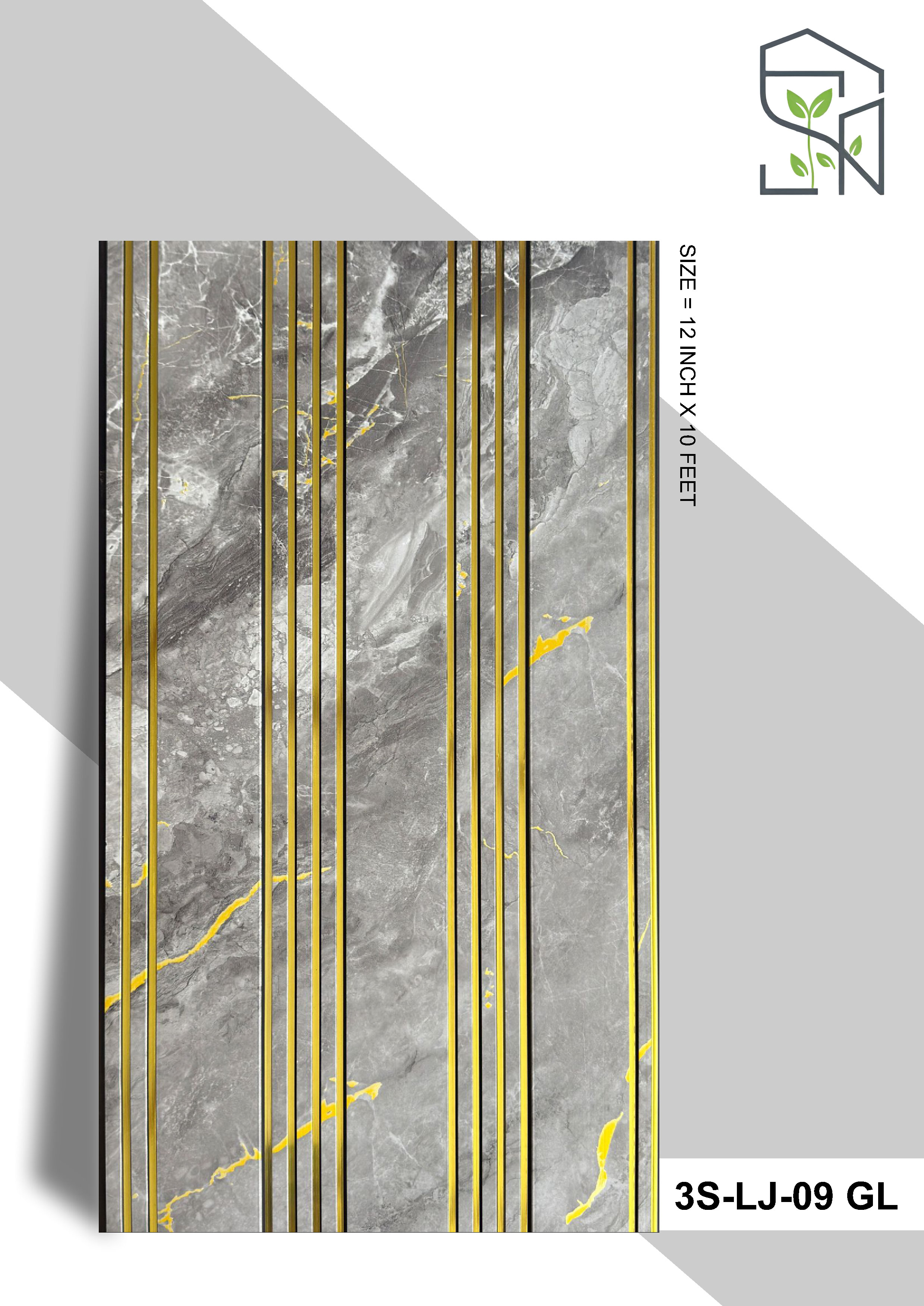 3 Step PVC Fluted Panel – 12 Golden Line 3S-LJ-09 GL | Dark Gray Marble with Golden Touch | PVC Interiors