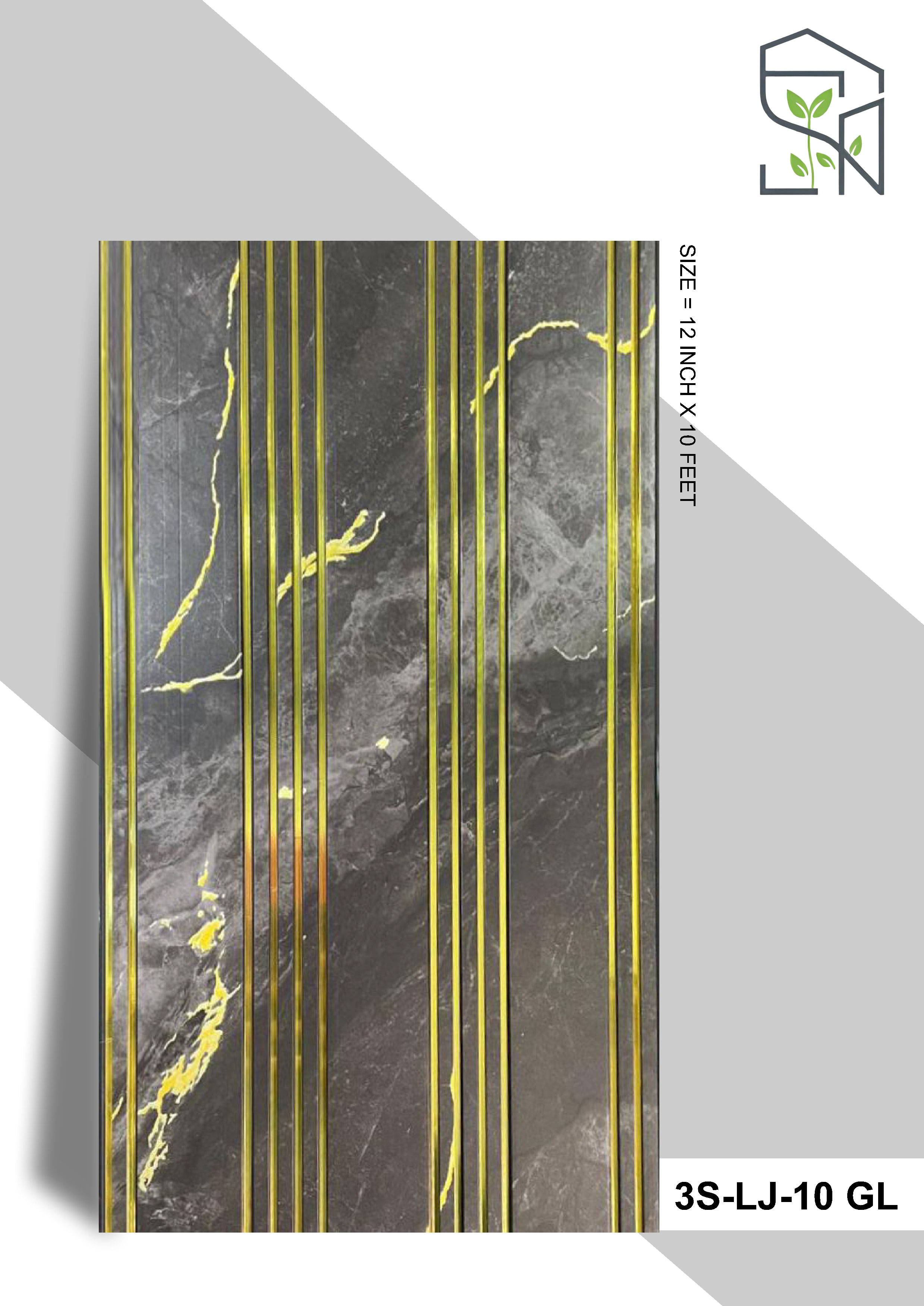 3 Step PVC Fluted Panel – 12 Golden Line 3S-LJ-10 GL | Darker Gray Marble with Golden Touch | PVC Interiors