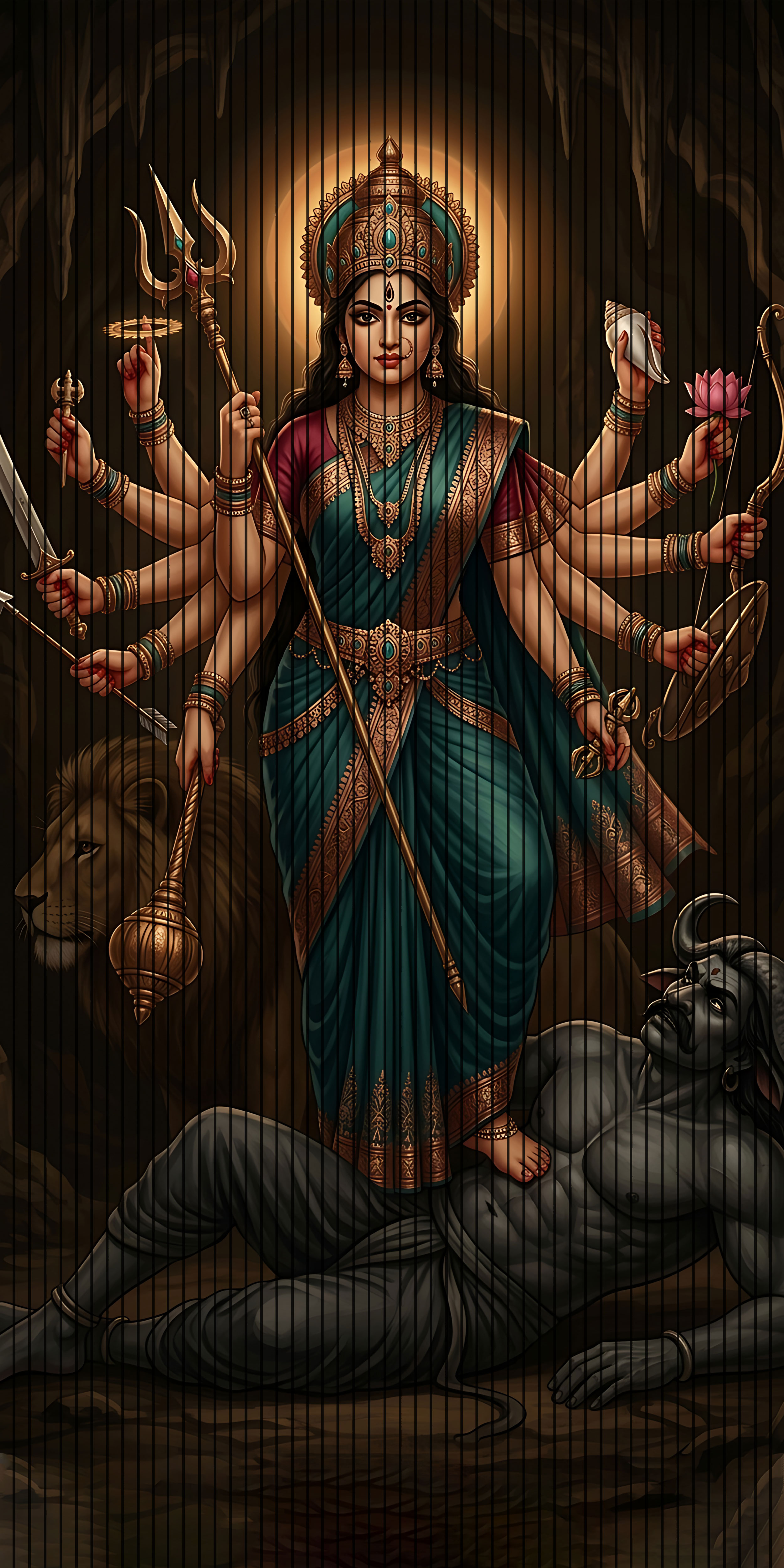 7D Fluted Panel – 7D-144 – Maa Durga with Lion & Mahishasur | 5×10 Feet | Textured Finish