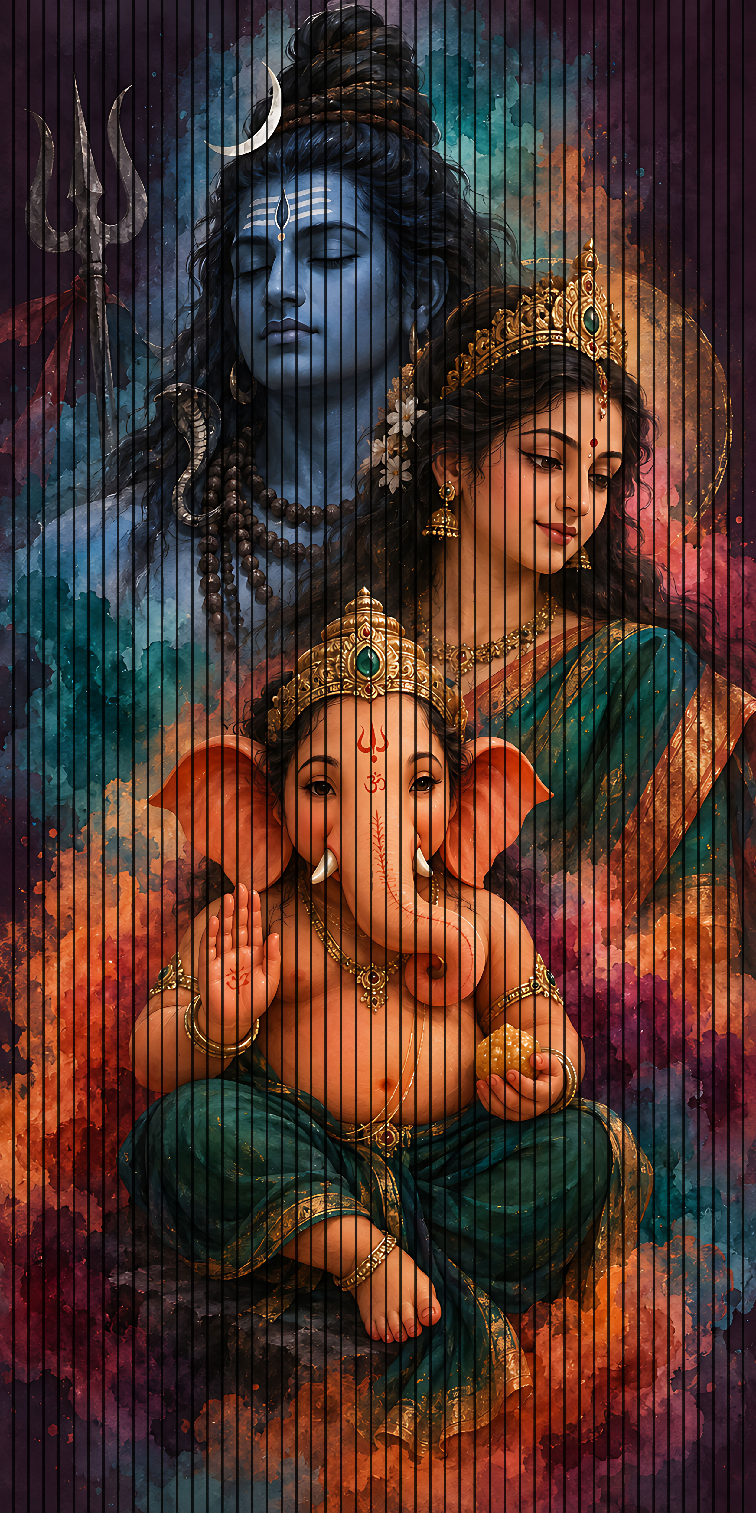 7D Fluted Panel – 7D-145 – Lord Ganesha with Lord Shiva & Goddess Parvati | 5×10 Feet | Textured Finish