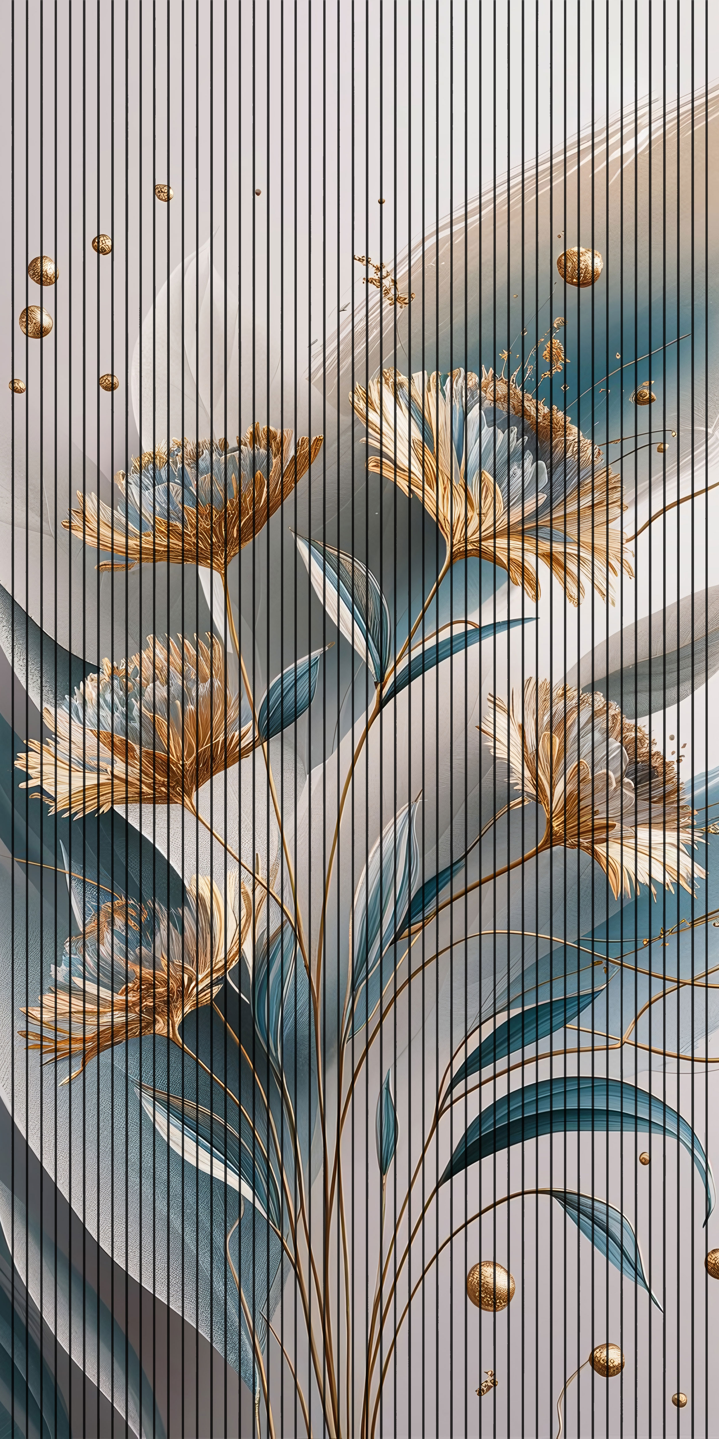 7D Fluted Panel – 7D-1053 – Blue & Golden Artificial Flowers | 5×10 Feet | Textured Finish