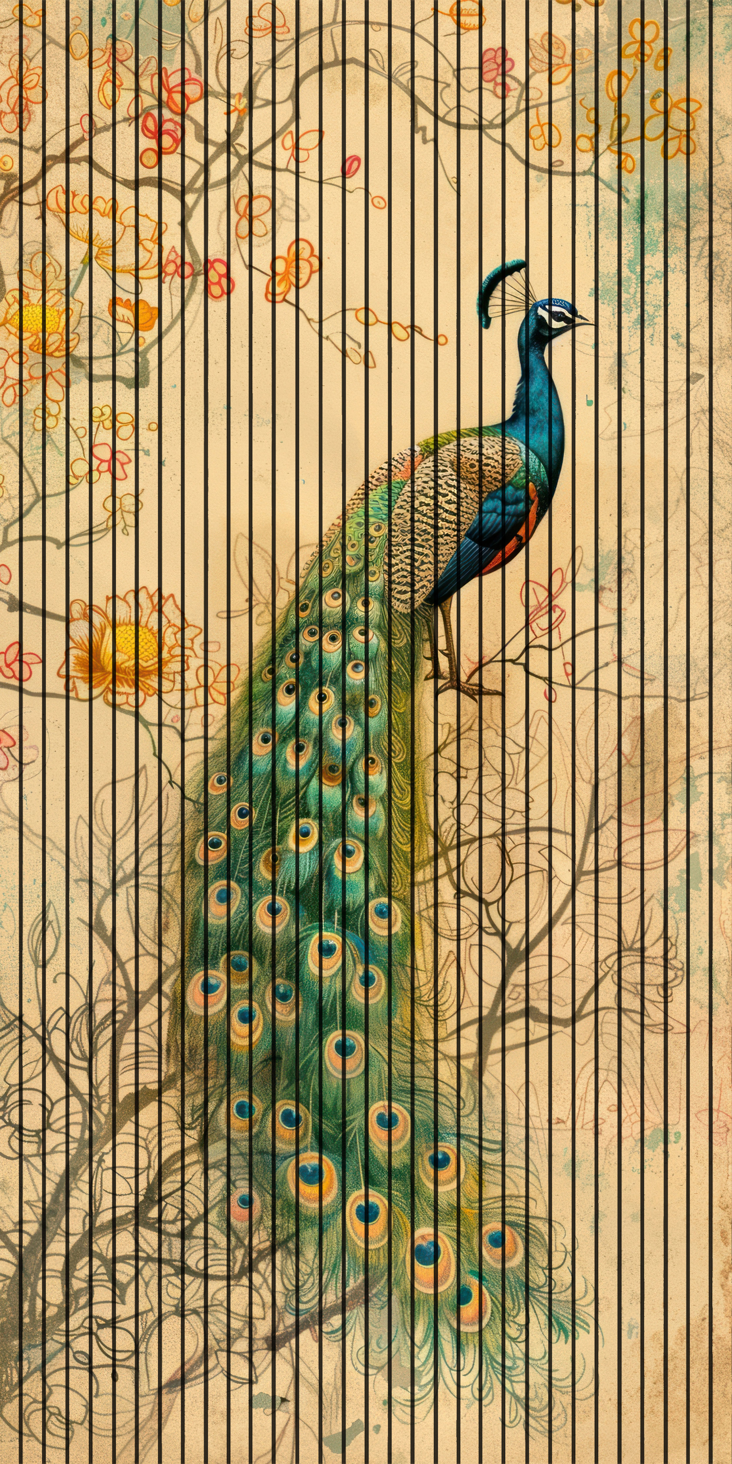 7D Fluted Panel – 7D-1054 – Peacock Sitting on Tree Branch | 5×10 Feet | Textured Finish