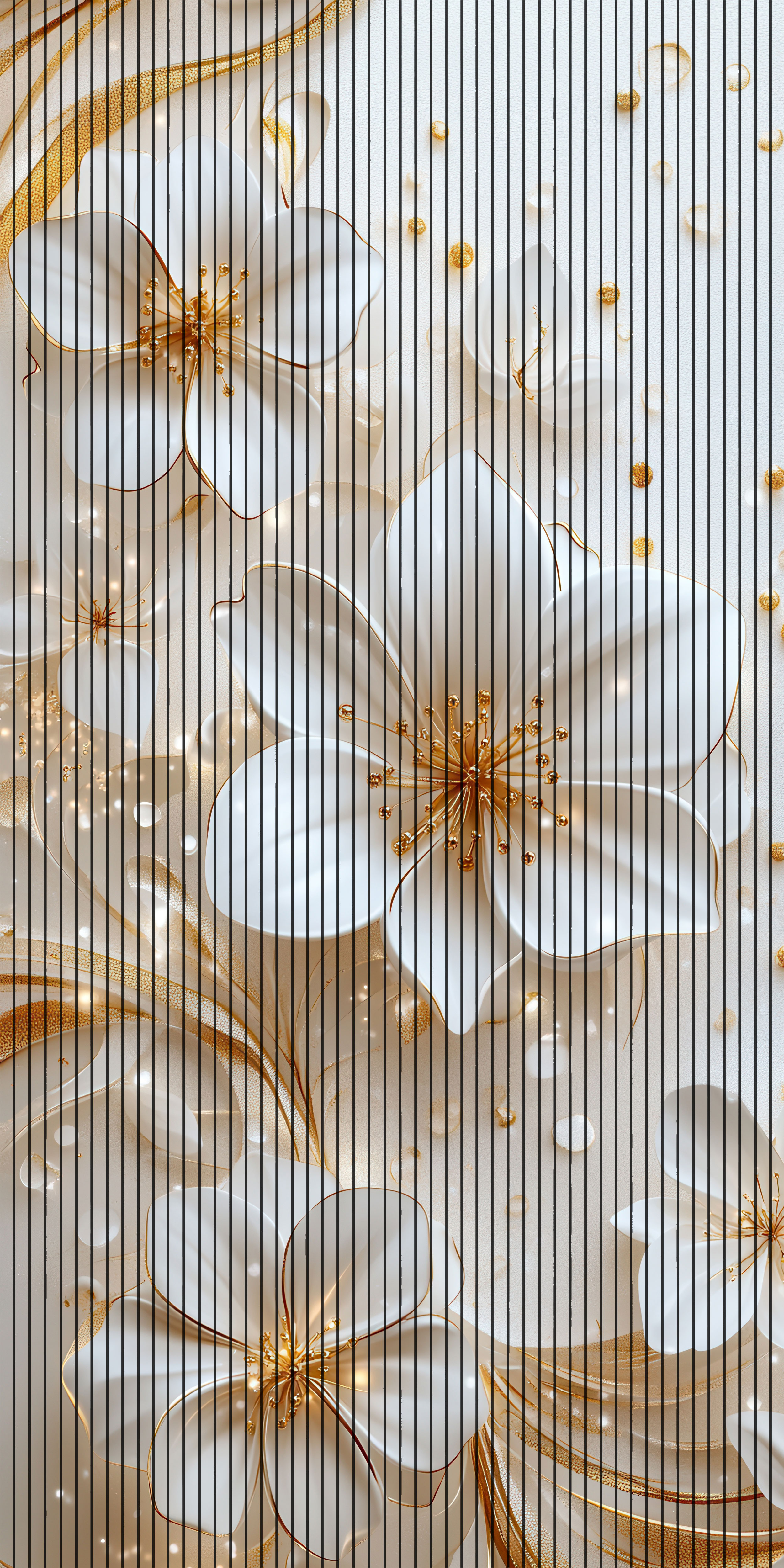 7D Fluted Panel – 7D-1056 – White Flower with Golden Border & Water Droplets | 5×10 Feet | Textured Finish