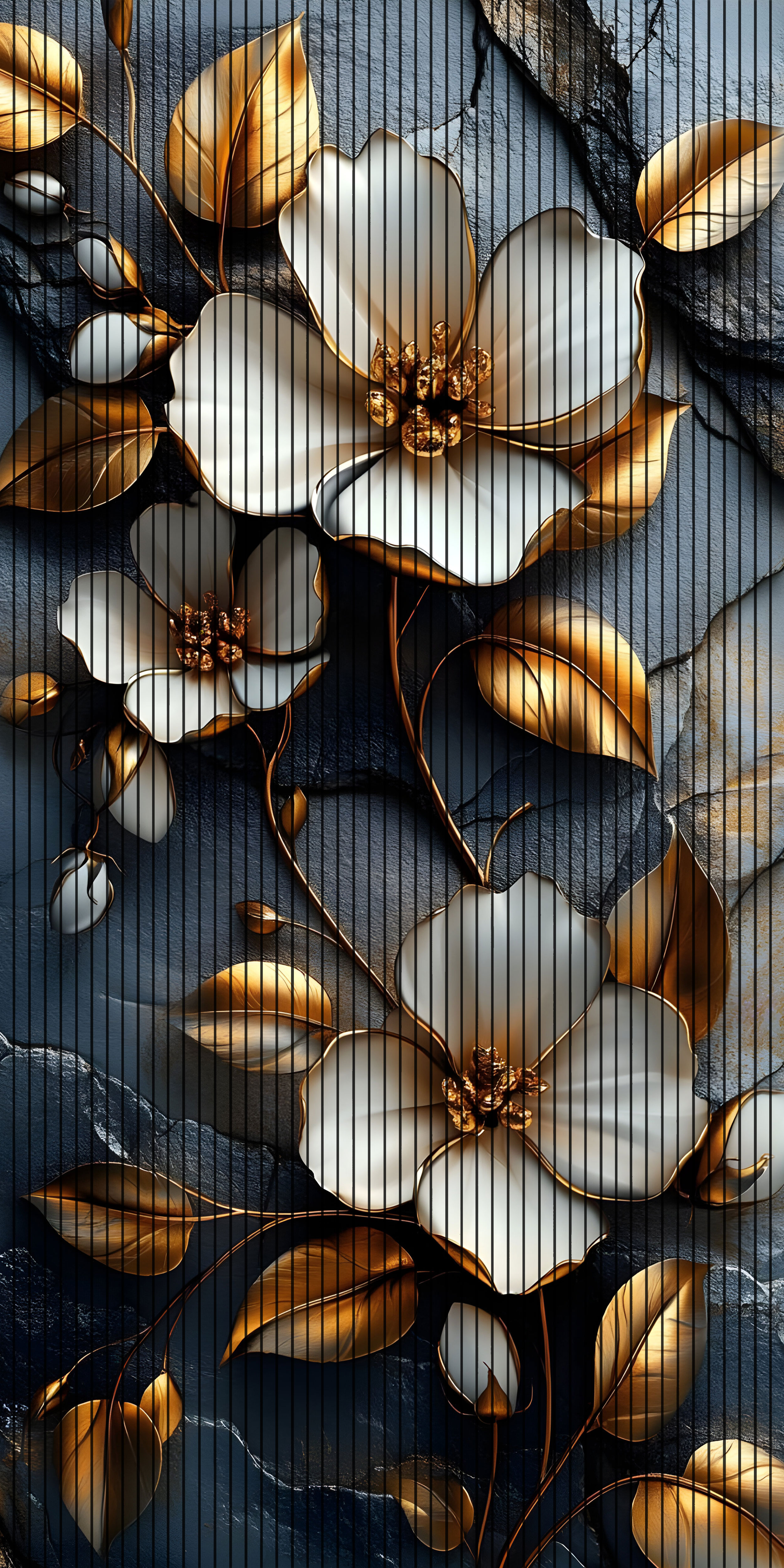 7D Fluted Panel – 7D-1057 – White Flowers with Golden Leaves | 5×10 Feet | Textured Finish