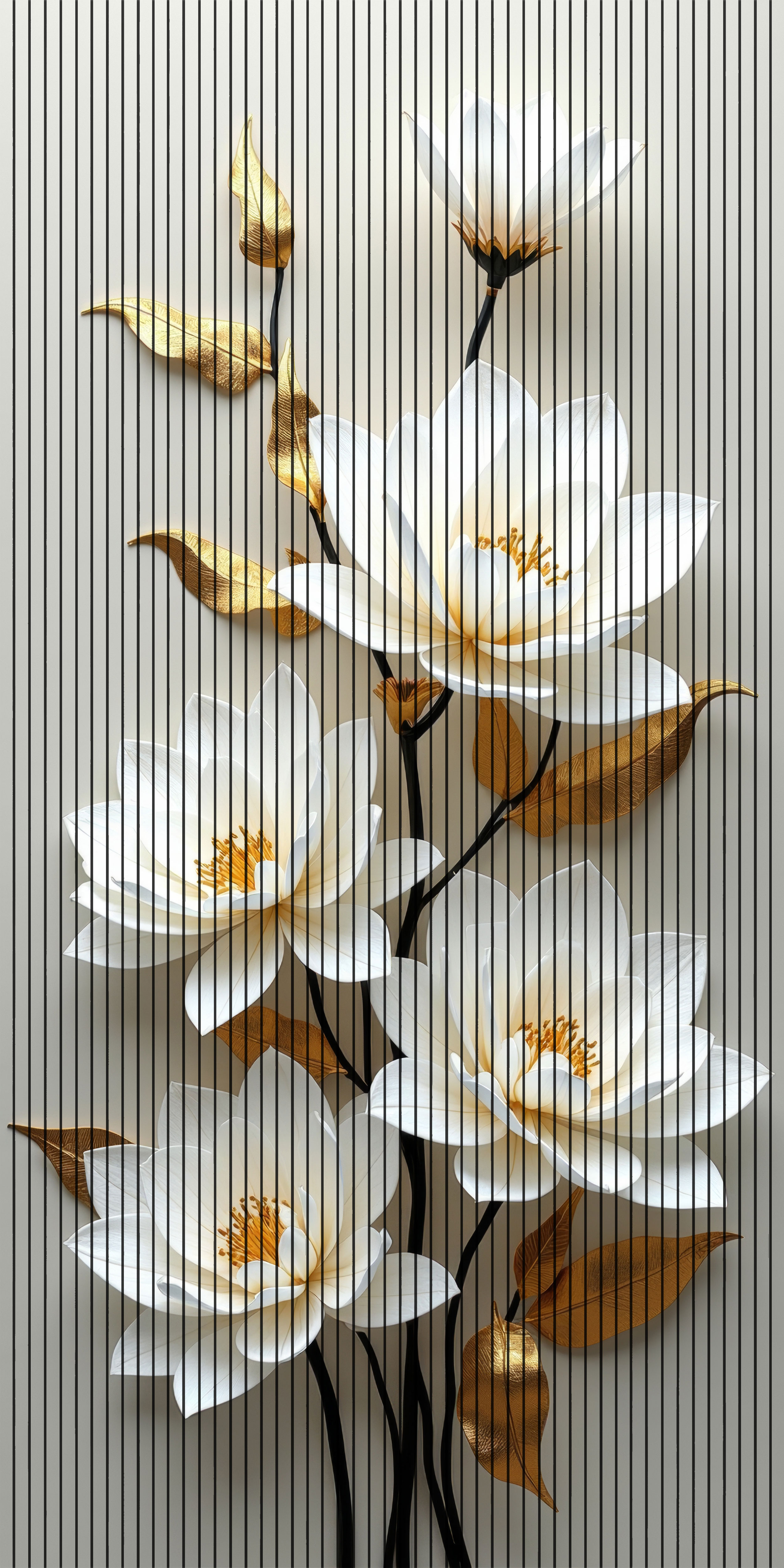 7D Fluted Panel – 7D-1063 – White Flowers & Golden Leaves Design | 5×10 Feet | Textured Finish