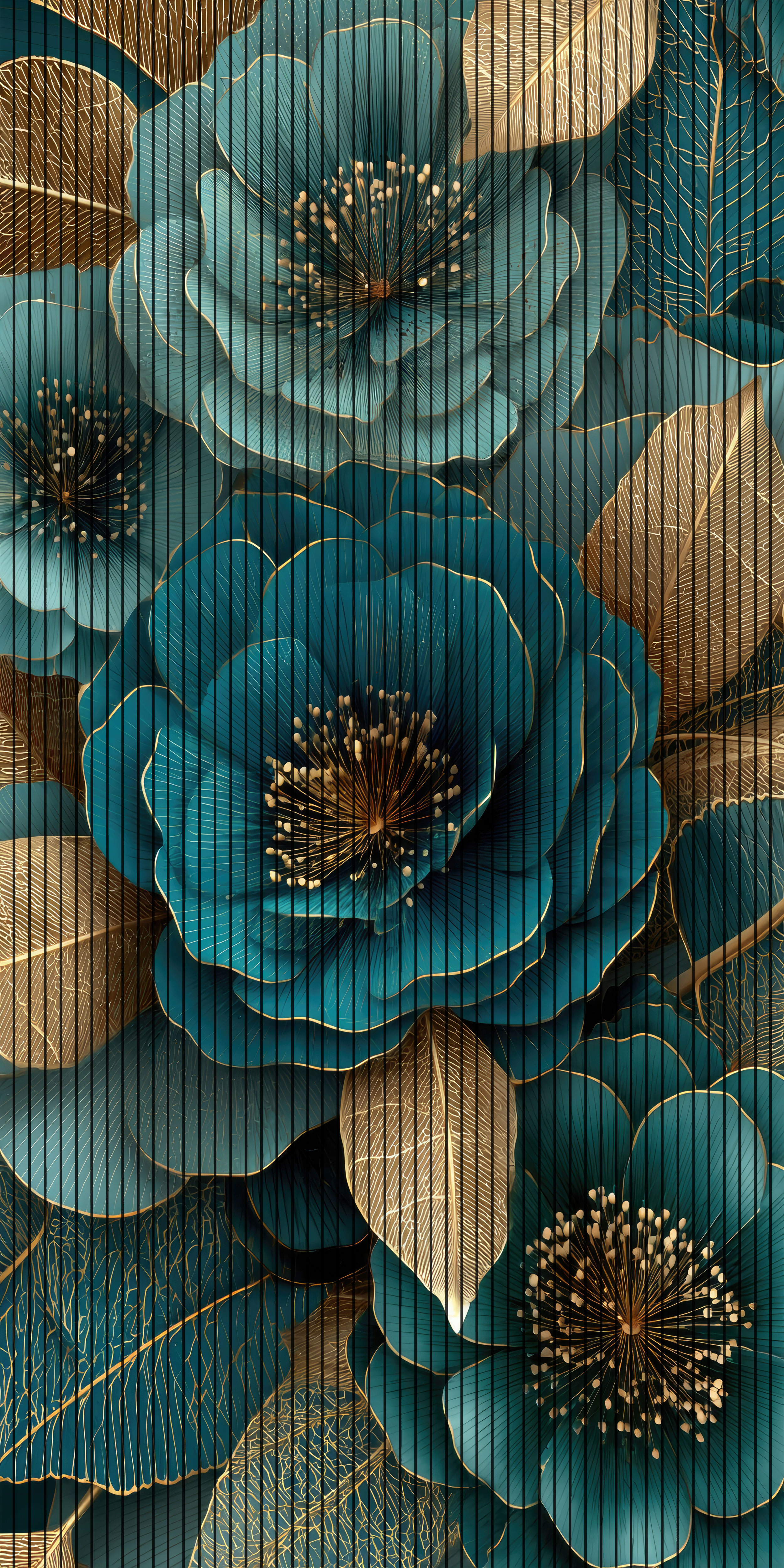 7D Fluted Panel – 7D-1064 – Blue Flowers with Golden Edges & Leaves | 5×10 Feet | Textured Finish