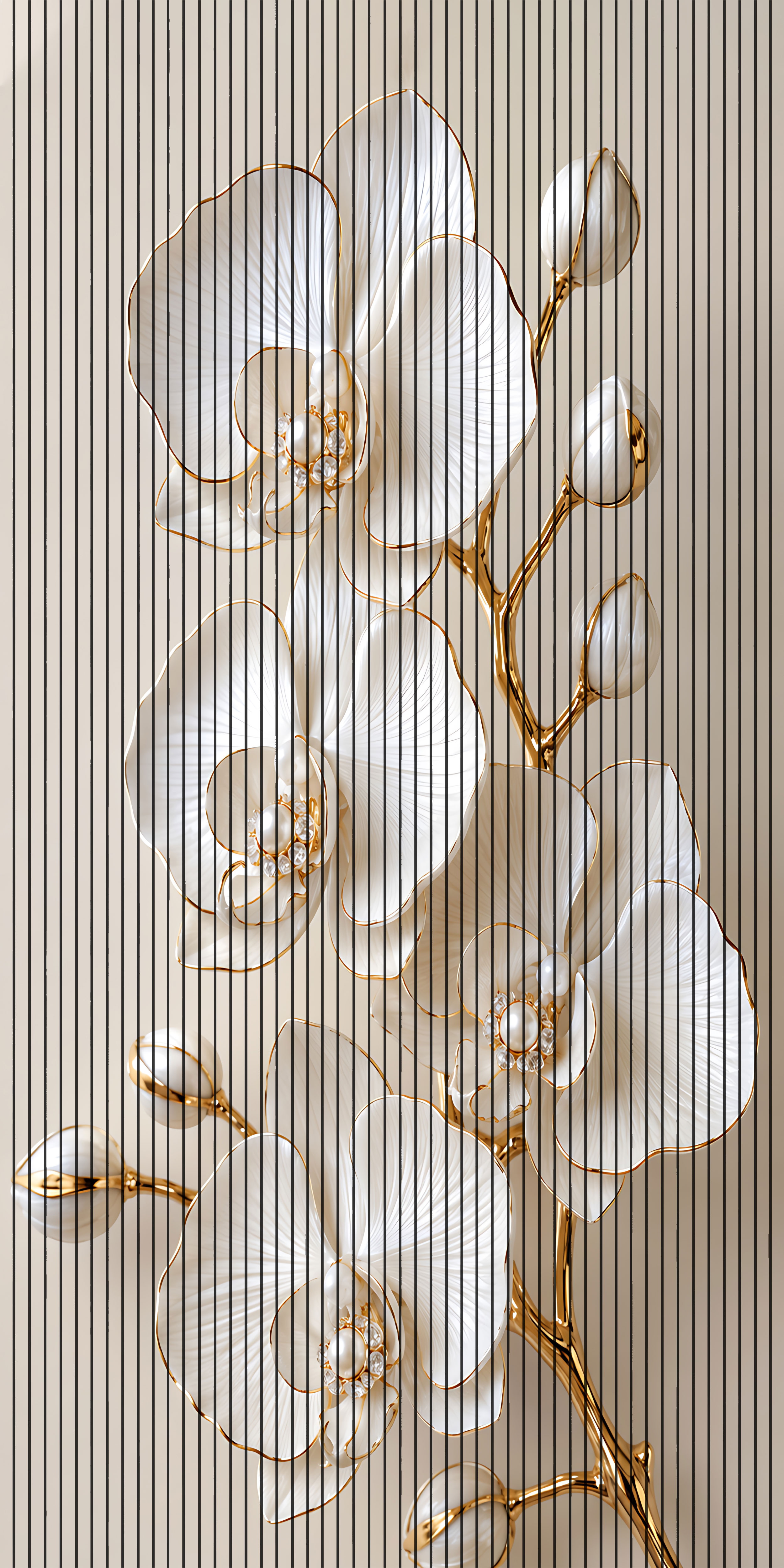 7D Fluted Panel – 7D-1065 – White Flowers with Pearls & Golden Edges | 5×10 Feet | Textured Finish