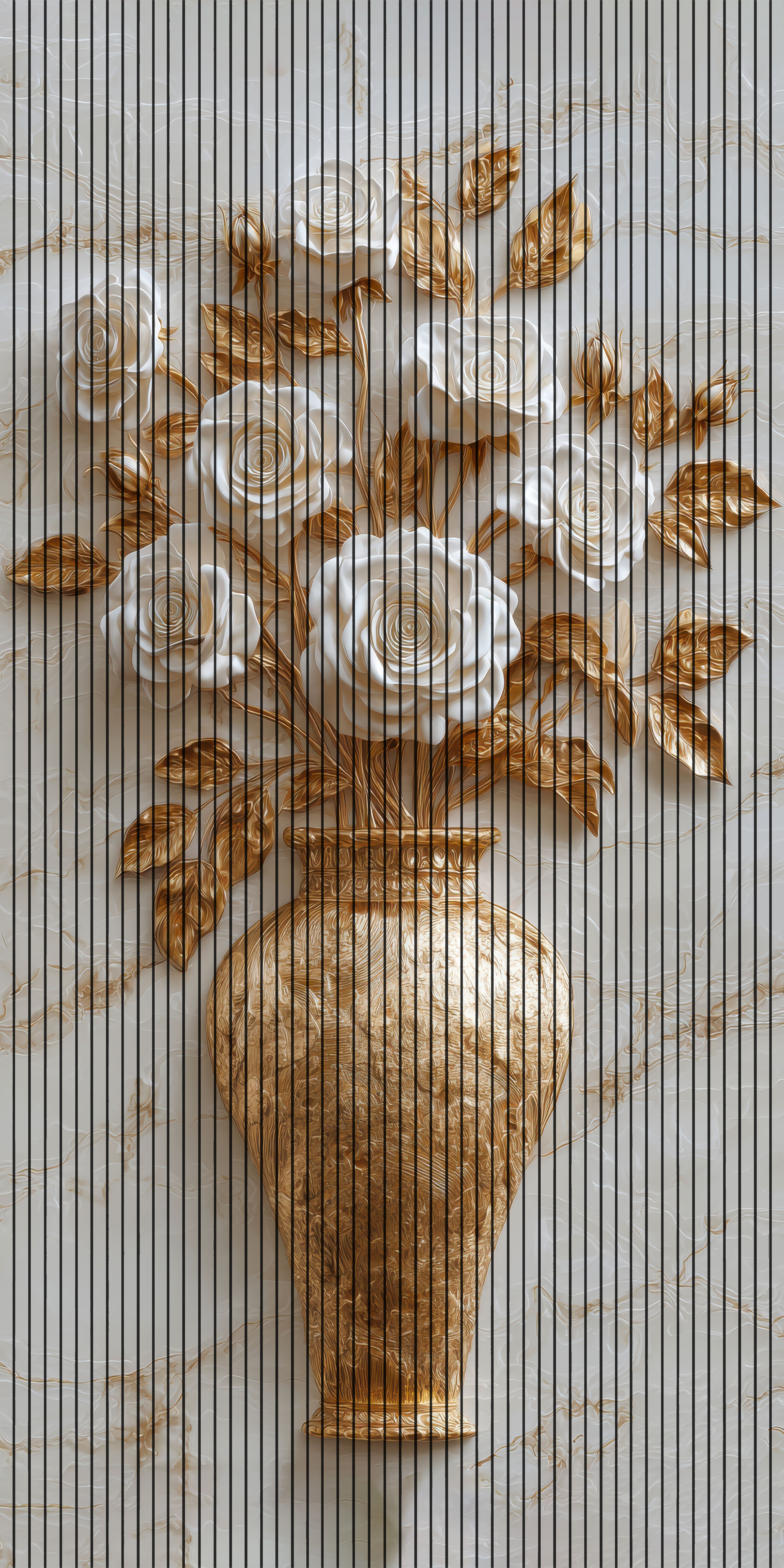 7D Fluted Panel – 7D-1066 – Golden Flower Vase with White Flowers & Leaves | 5×10 Feet | Textured Finish