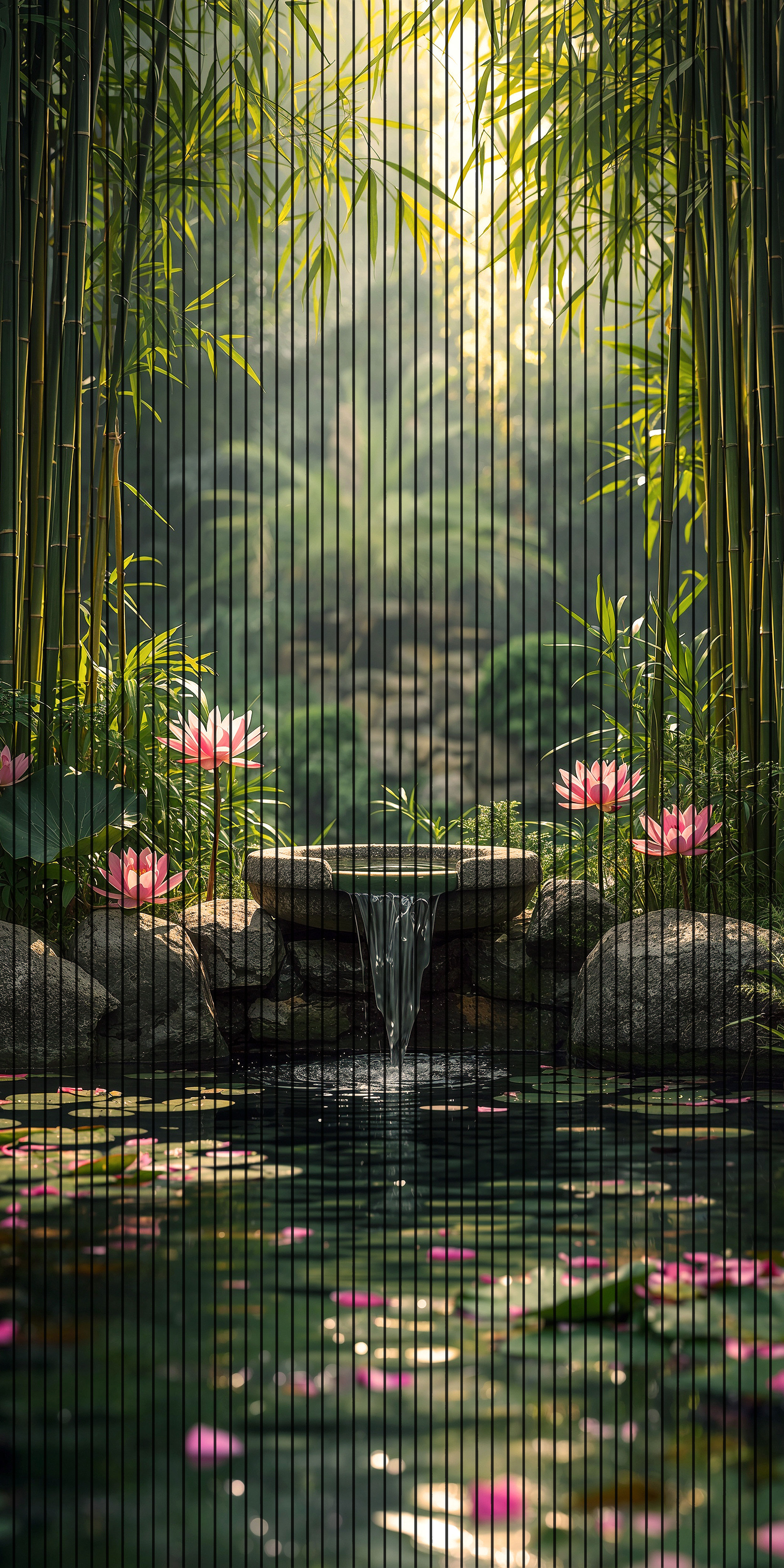 7D Fluted Panel – 7D-169 – Bamboo Forest, Lake & Lotus Flowers | 5×10 Feet | Textured Finish