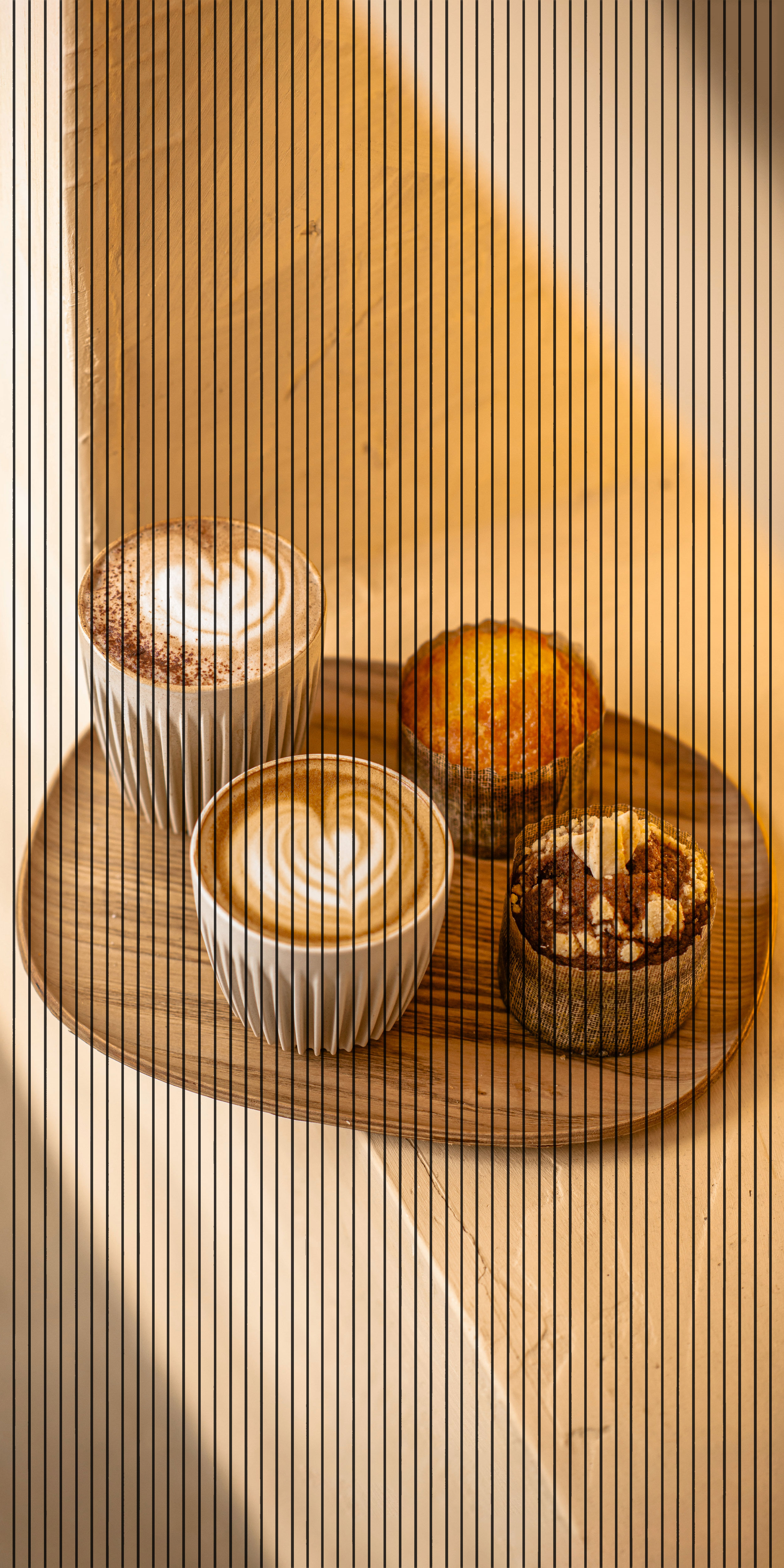 7D Fluted Panel – 7D-1075 – Coffee Cups & Muffins on Tray | 5×10 Feet | Textured Finish