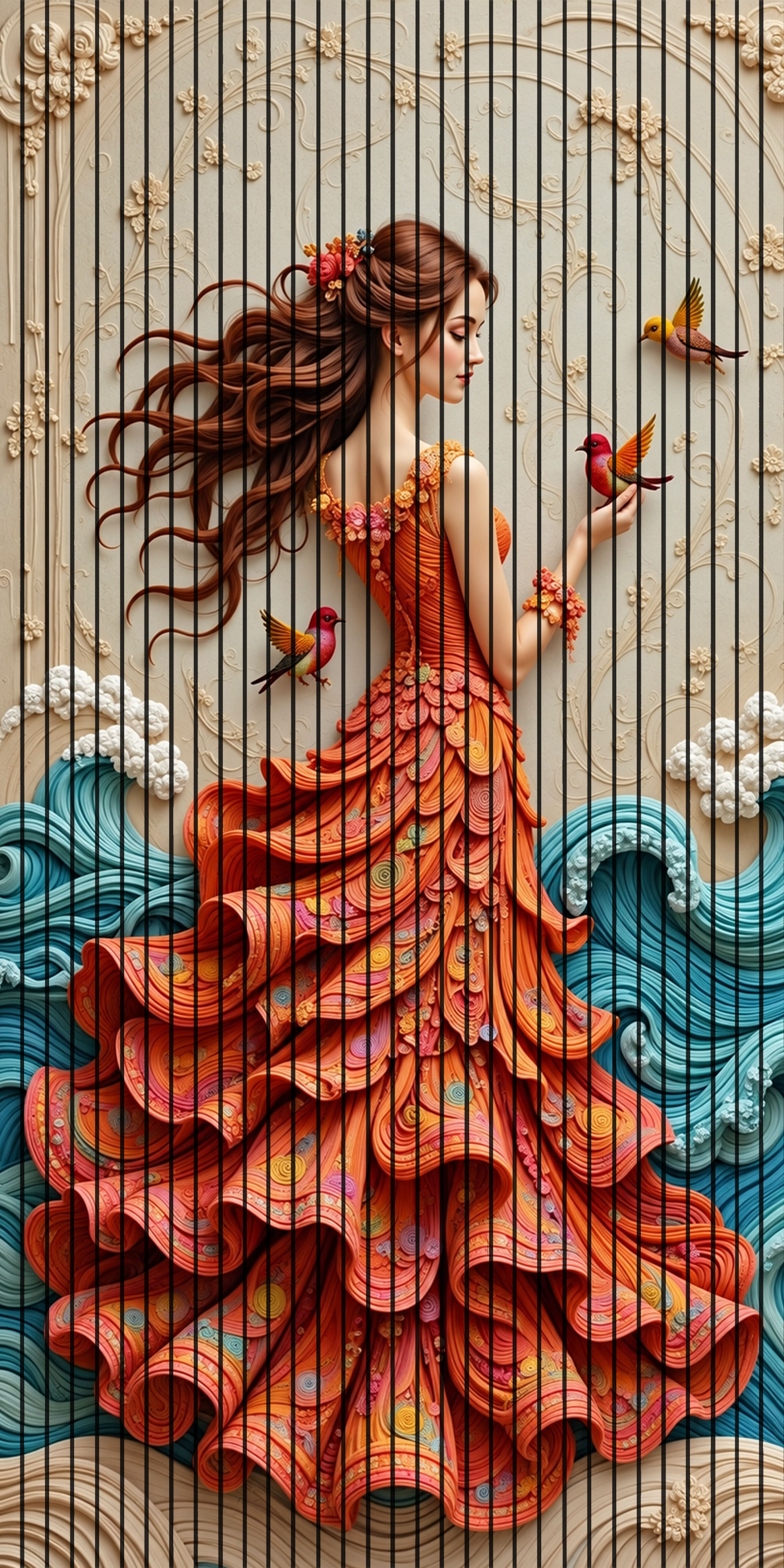 7D Fluted Panel – 7D-1081 | Beautiful Girl with Birds Artwork | 5 Feet × 10 Feet