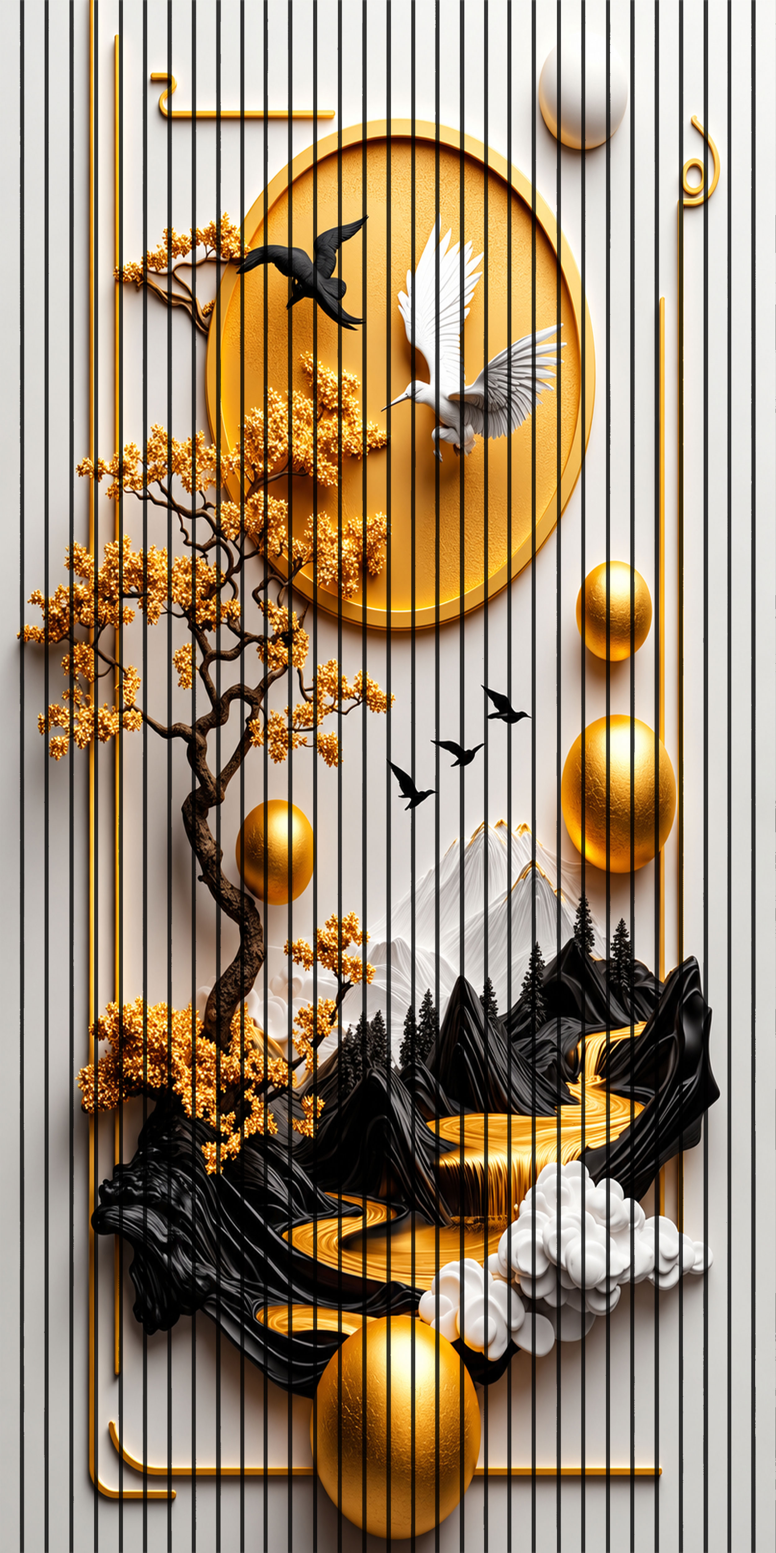 7D Fluted Panel – 7D-1082 – Birds, Hills & Golden Tree Artwork | 5×10 Feet | Textured Finish