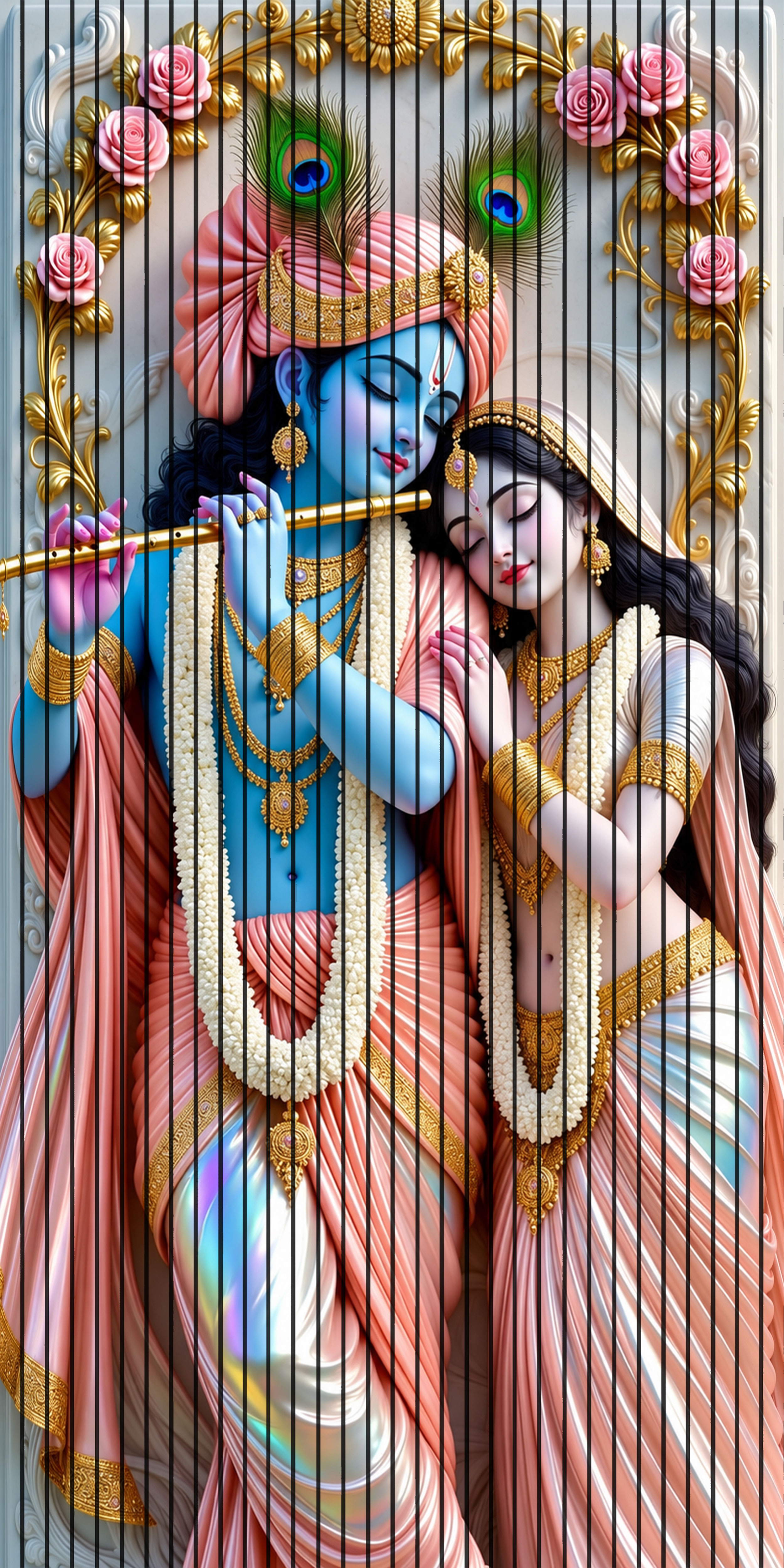 7D Fluted Panel – 7D-184 – Lord Krishna Playing Flute with Goddess Radha | 5×10 Feet | Textured Finish