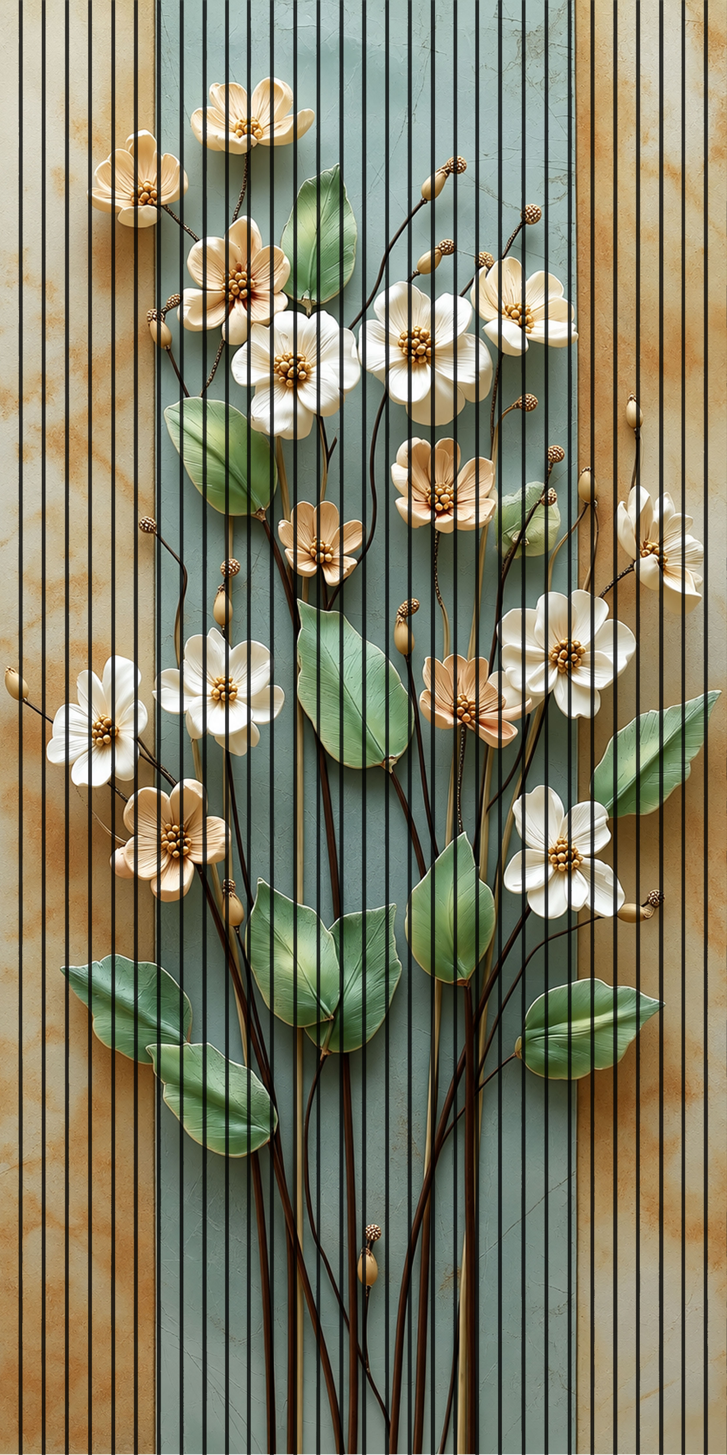 7D Fluted Panel – 7D-1085 – White & Off-White Flowers with Green Leaves and Branches | 5×10 Feet | Textured Finish
