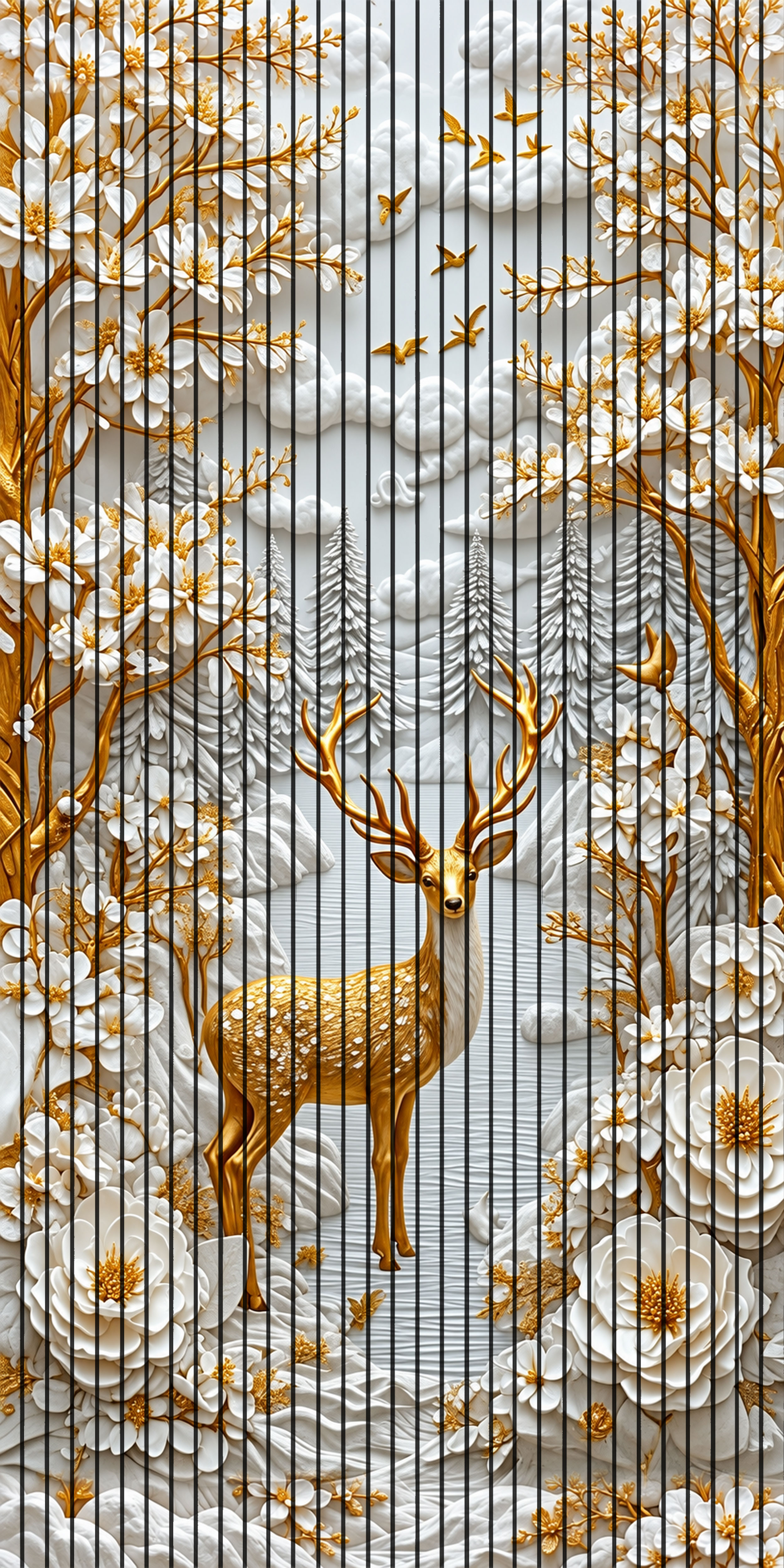 7D Fluted Panel – 7D-1086 – Golden Deer with Golden Trees, White Flowers & River Scene | 5×10 Feet | Textured Finish