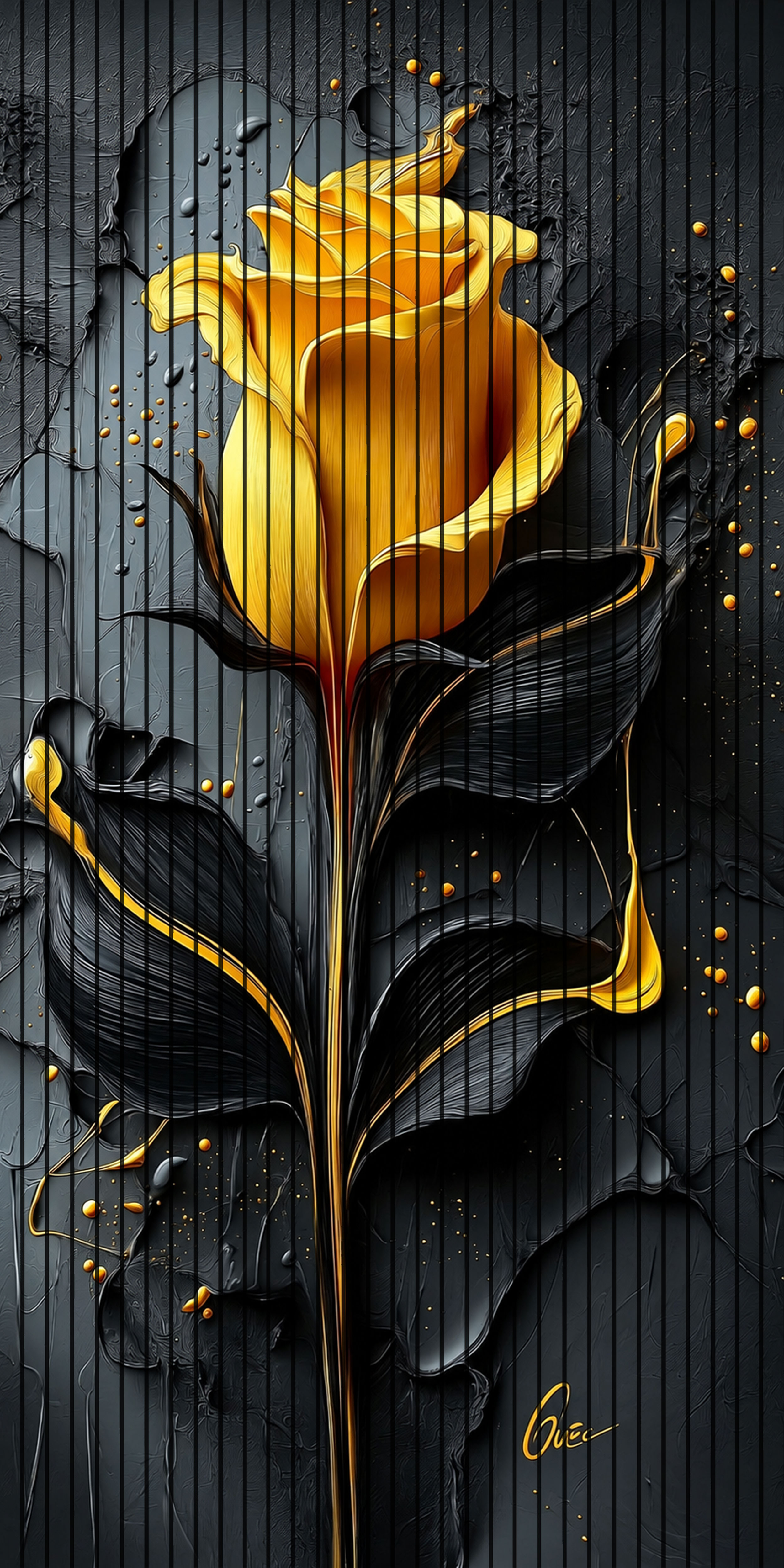 7D Fluted Panel – 7D-1087 – Golden Flower with Golden Branches & Black Leaves | 5×10 Feet | Textured Finish