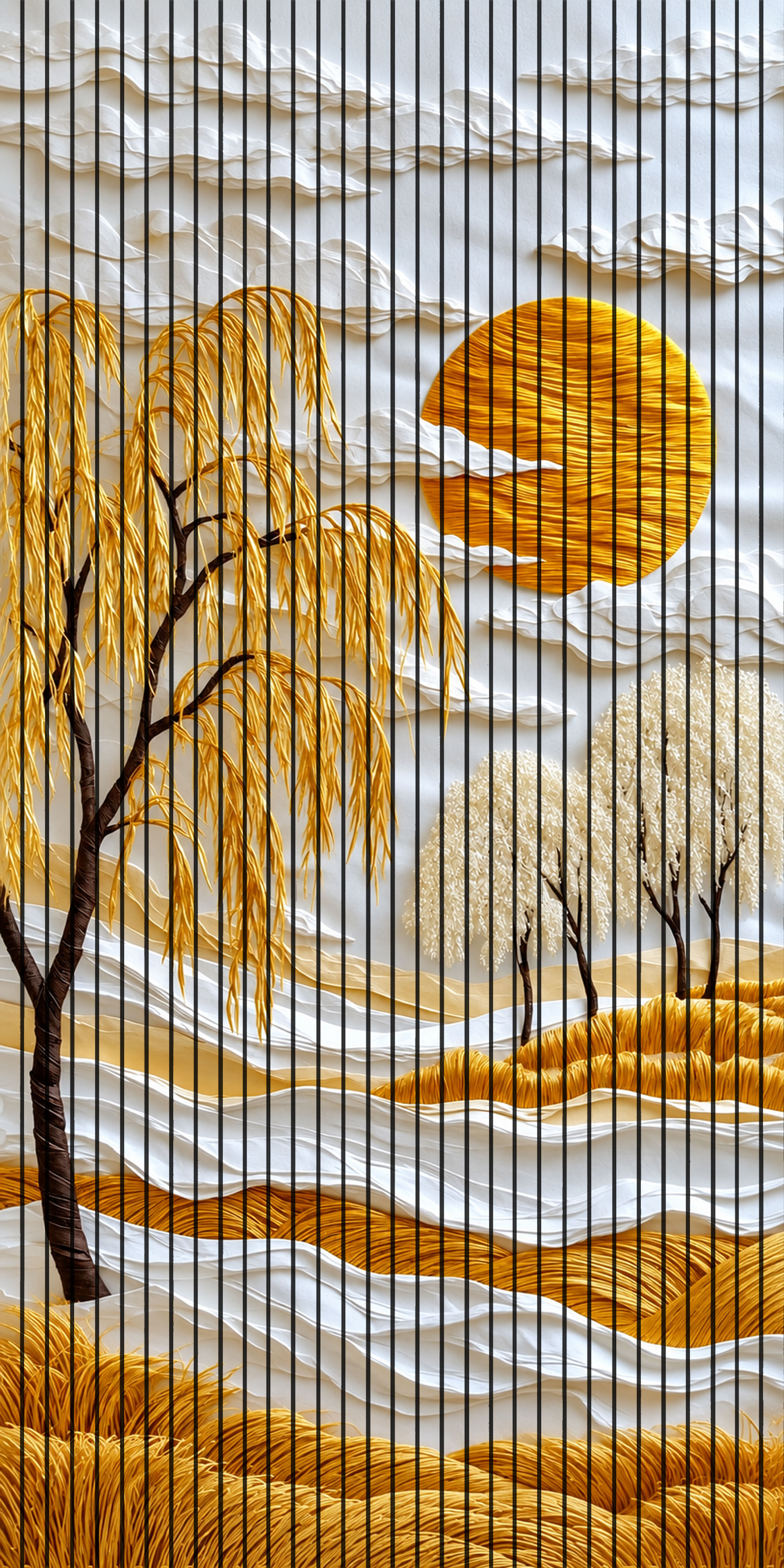 7D Fluted Panel – 7D-1088 – Golden Sun & Tree with Black Branches | 5×10 Feet | Textured Finish