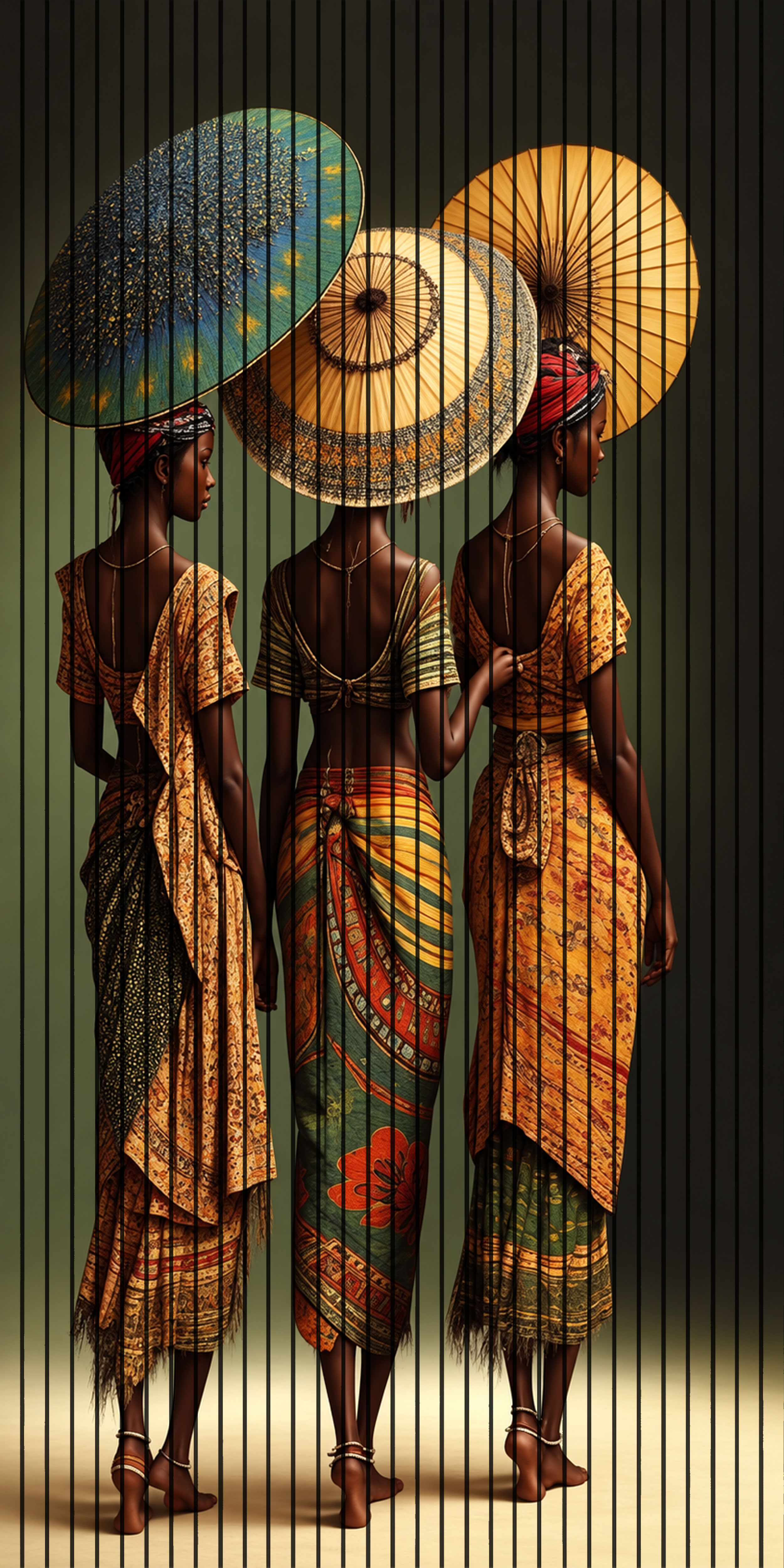 7D Fluted Panel – 7D-1091 – Three African Ladies in Ethnic Dress with Hats | 5×10 Feet | Textured Finish