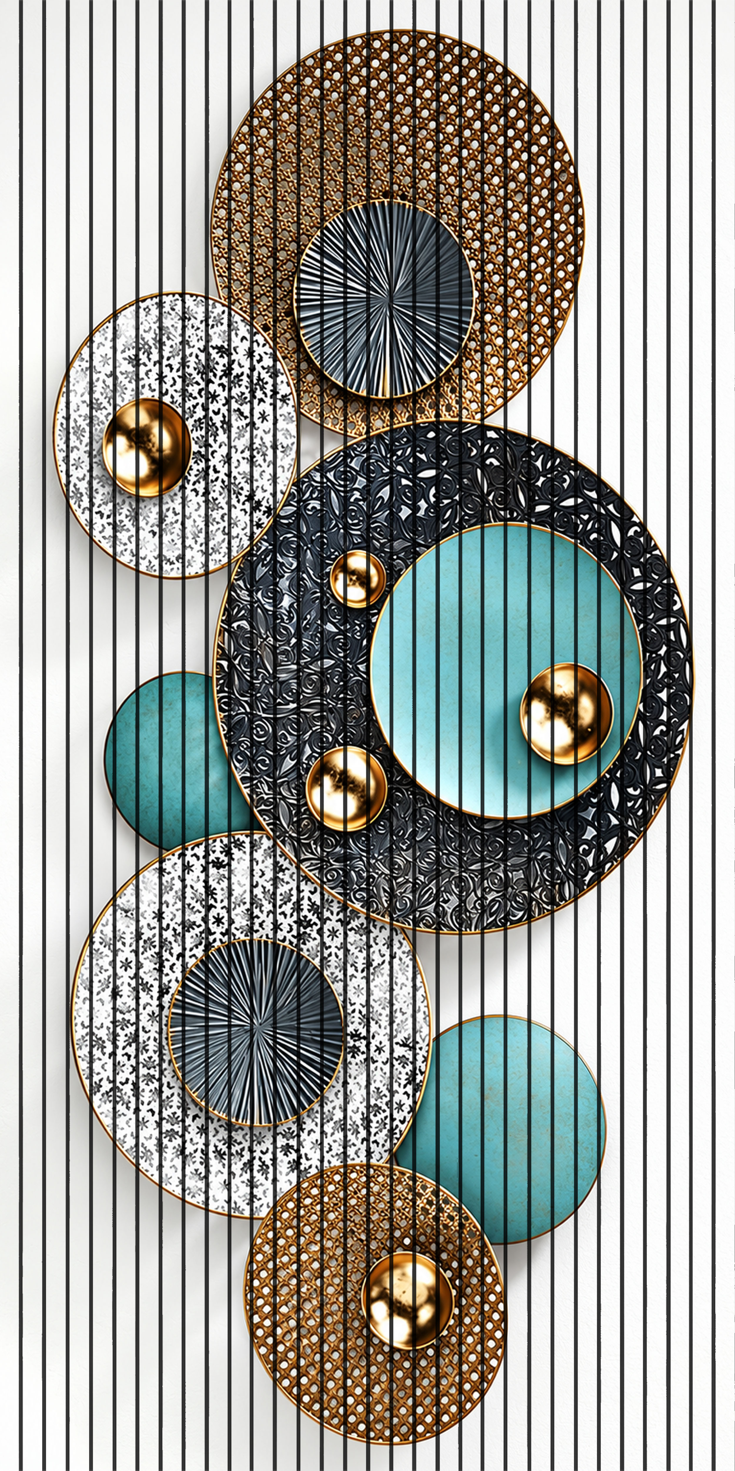7D Fluted Panel – 7D-1092 – Metallic Wall Decor with Golden, Blue & Black Trays | 5×10 Feet | Textured Finish