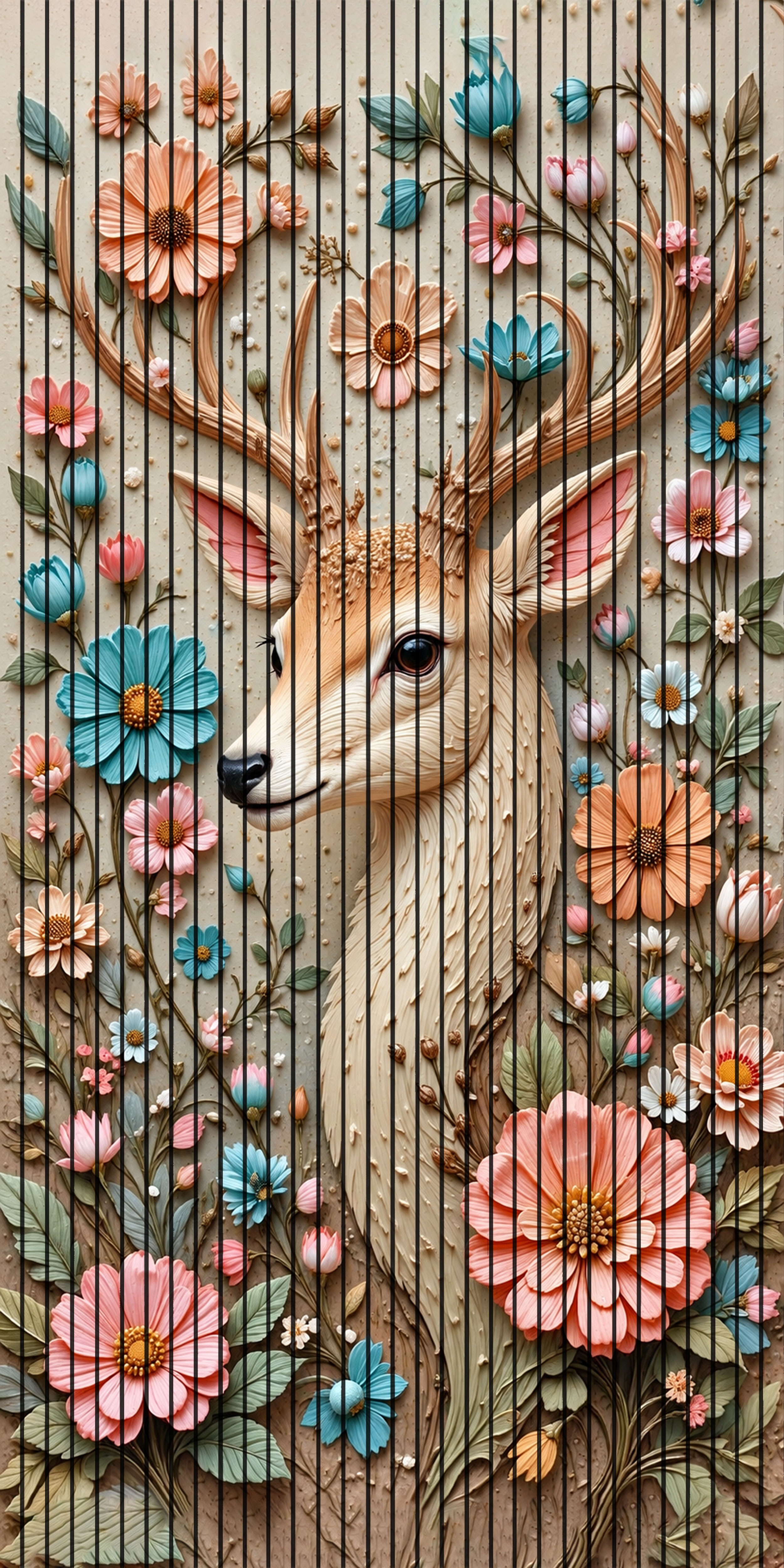 7D Fluted Panel – 7D-1093 – Deer Face with Horns & Multicolor Flowers | 5×10 Feet | Textured Finish