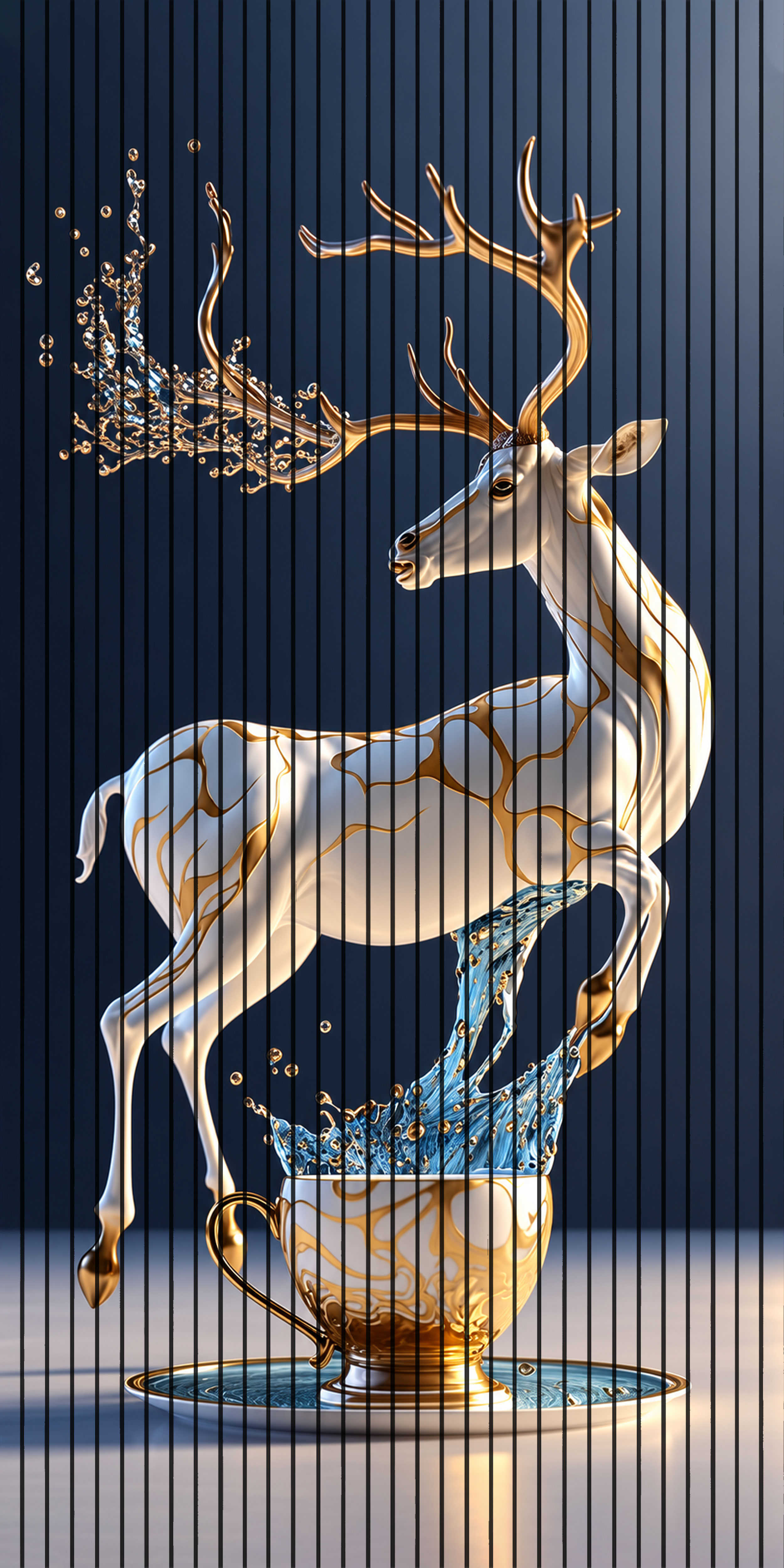 7D Fluted Panel – 7D-1097 – White Deer with Golden Horn, Tea Cup & Water | 5×10 Feet | Textured Finish