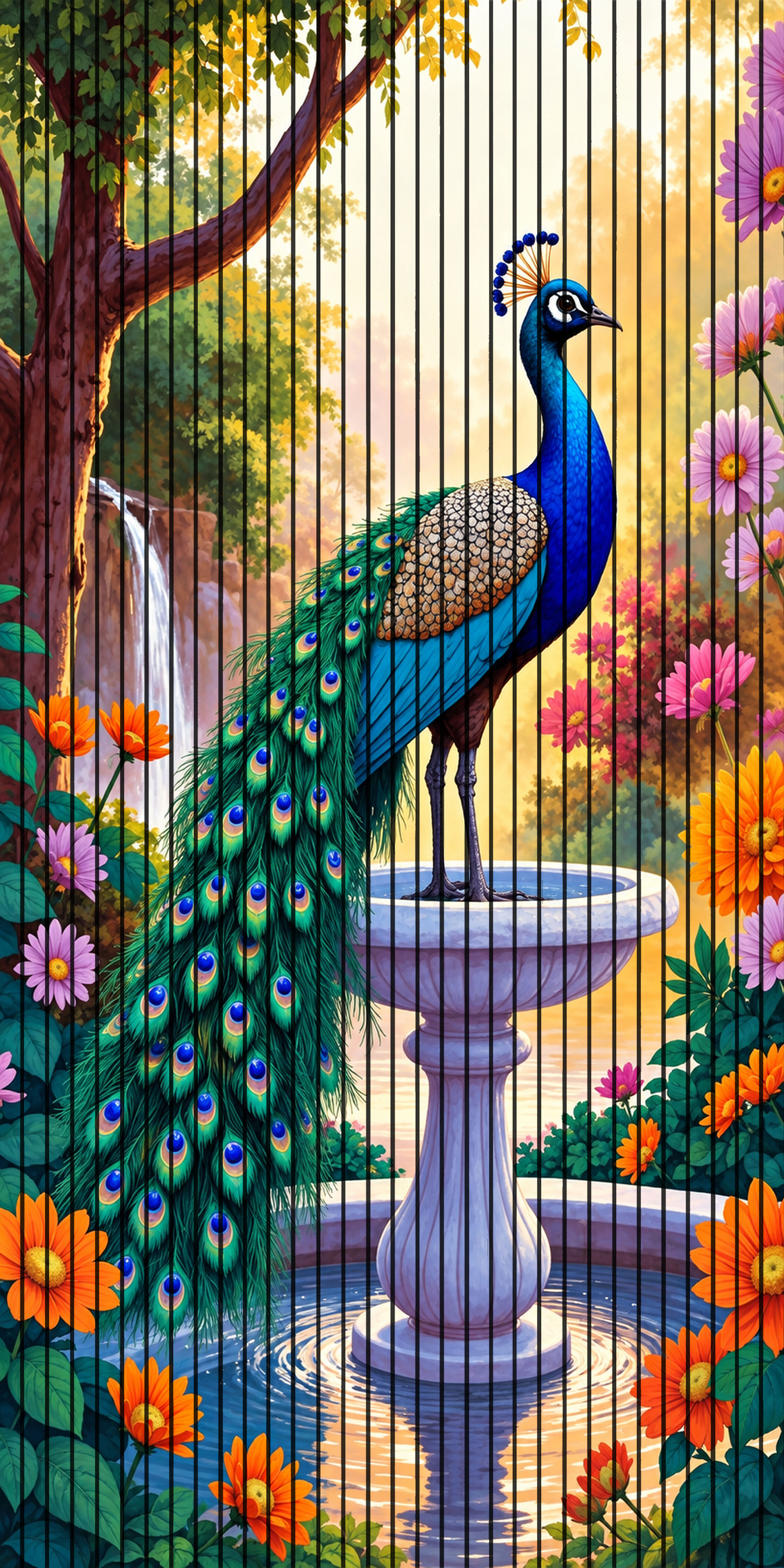 7D Fluted Panel – 7D-1098 – Multicolor Peacock Sitting on a Fountain | 5×10 Feet | Textured Finish