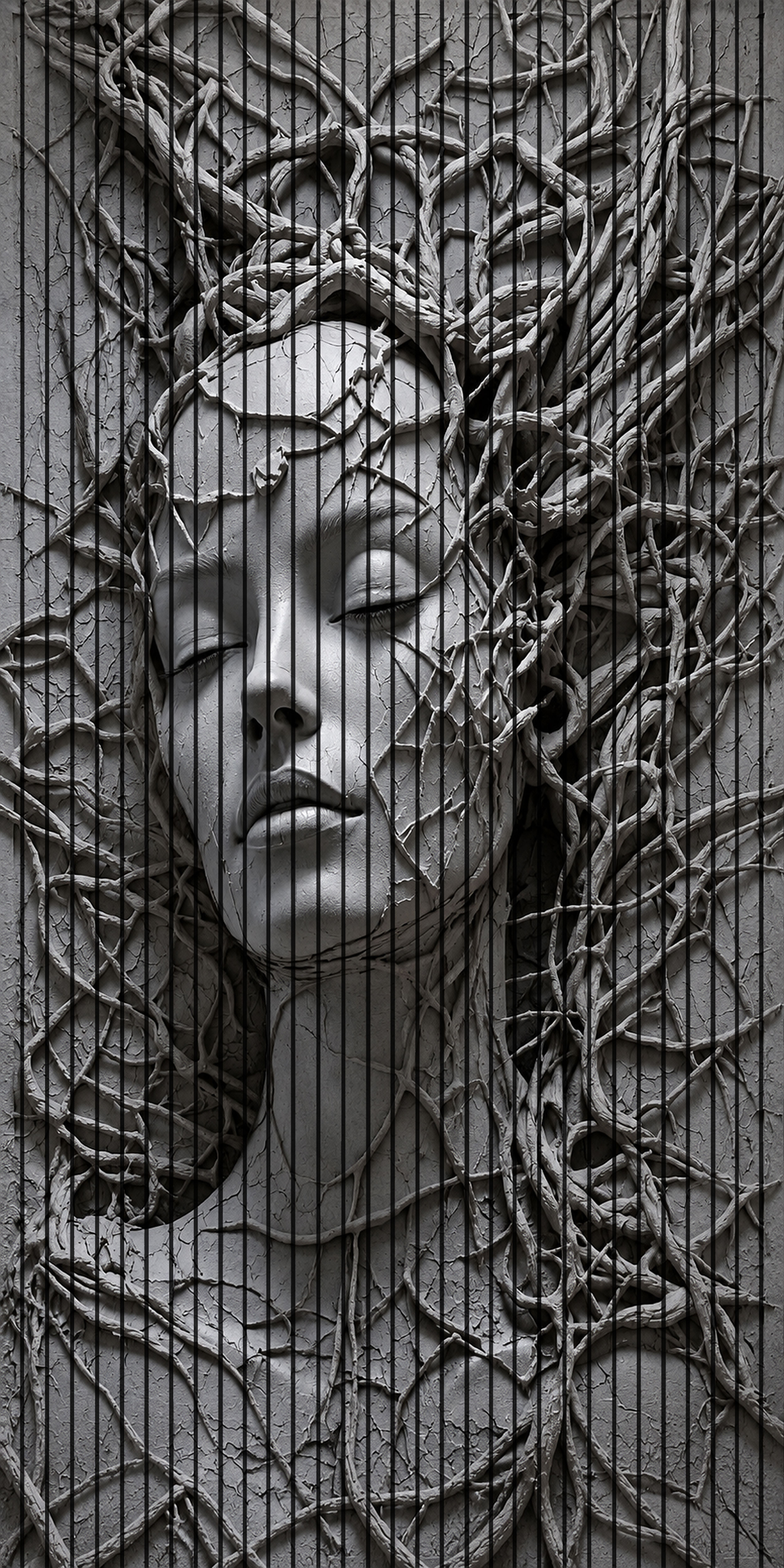 7D Fluted Panel – 7D-1099 – Black & White Lady with Tree Branches Artwork | 5×10 Feet | Textured Finish