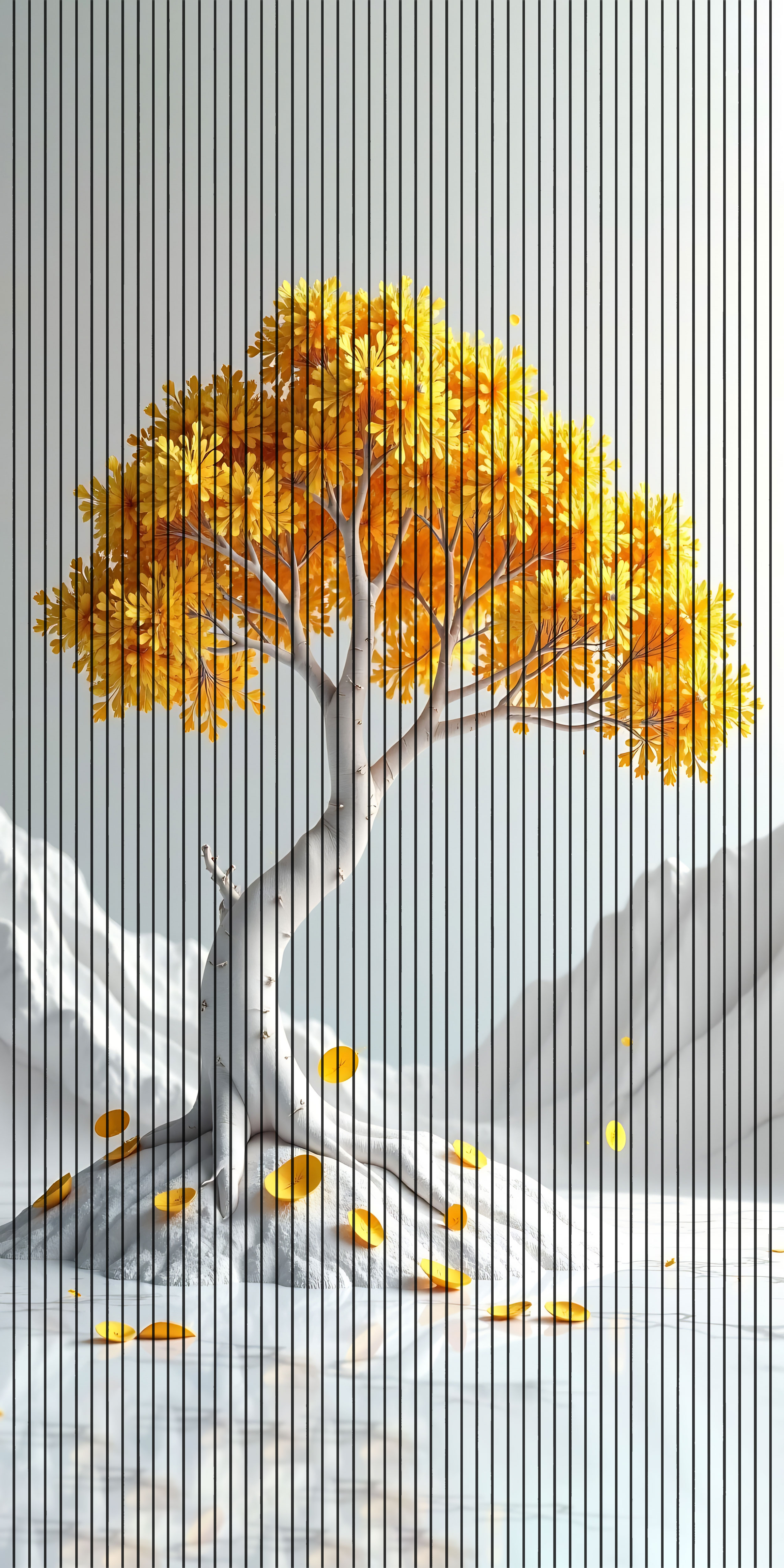 7D Fluted Panel – 7D-1009 | White Tree with Orange Leaves | Textured Finish | 5 Feet × 10 Feet