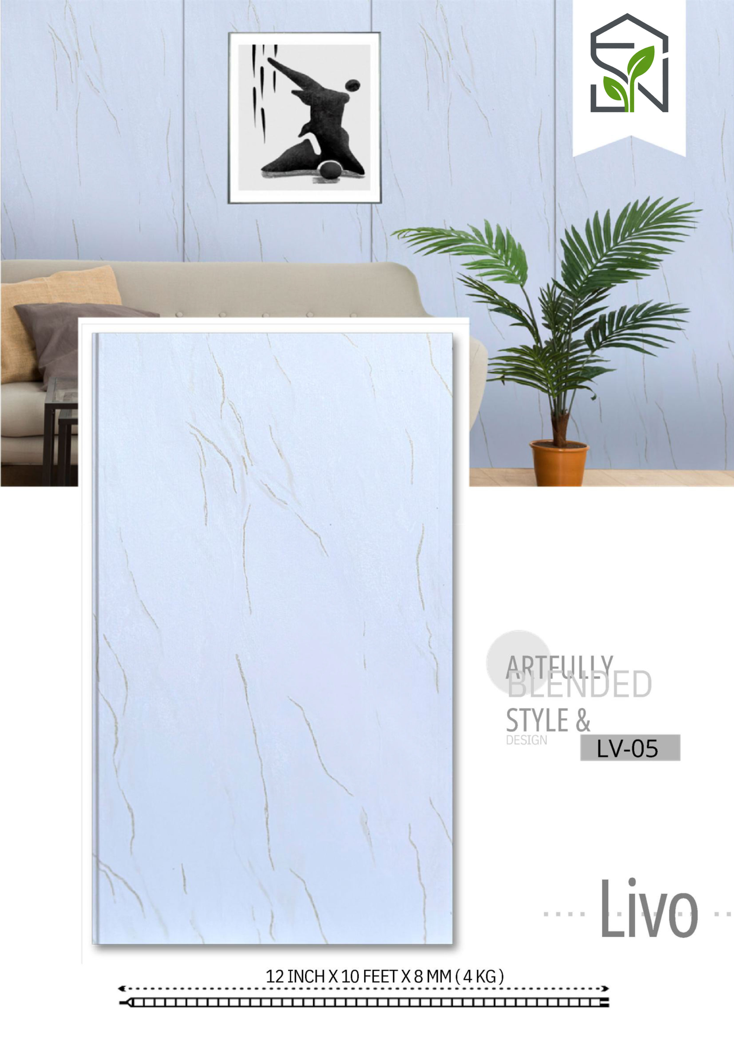 PVC Panel 4KG – 12 Inch Light Blueish with Marble Touch | PVC Interiors LV-05