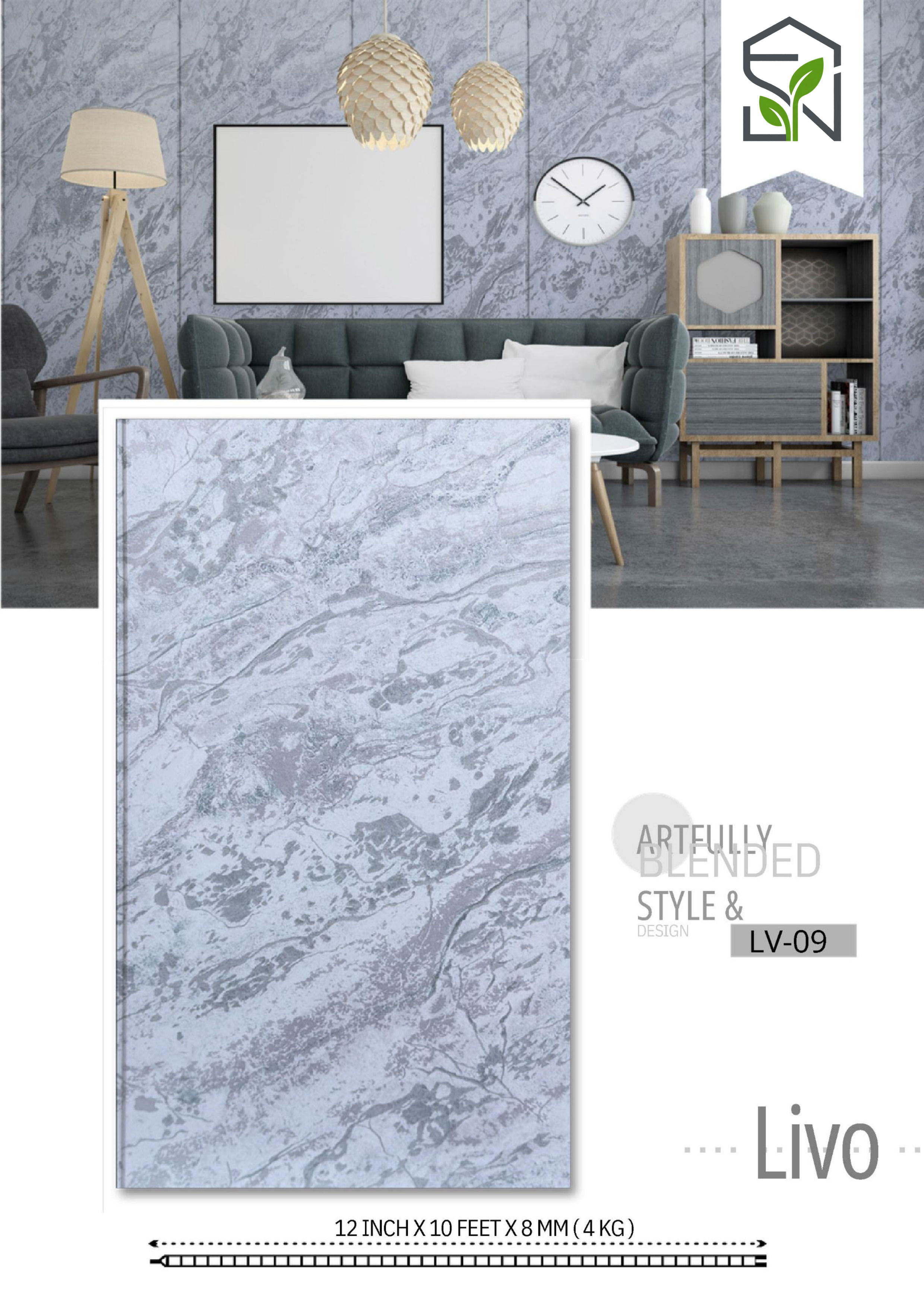 PVC Panel 4KG – 12 Inch Unique Blueish Abstract Marble Finish | PVC Interiors LV-09