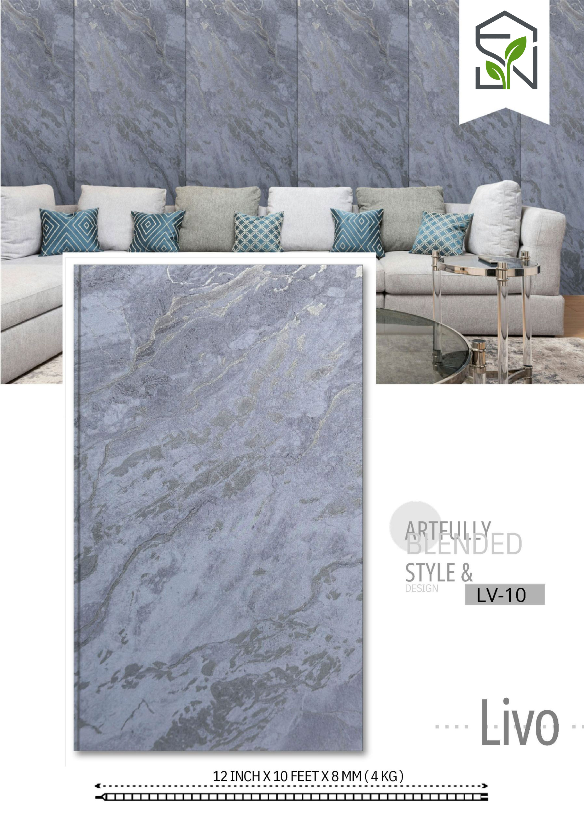 PVC Panel 4KG – 12 Inch Blueish Marble Finish with Golden Line | PVC Interiors LV-10